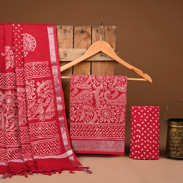 RED- BAGRU HAND BLOCK PRINTED LINEN COTTON SUIT SET WITH ZARI BORDER 11