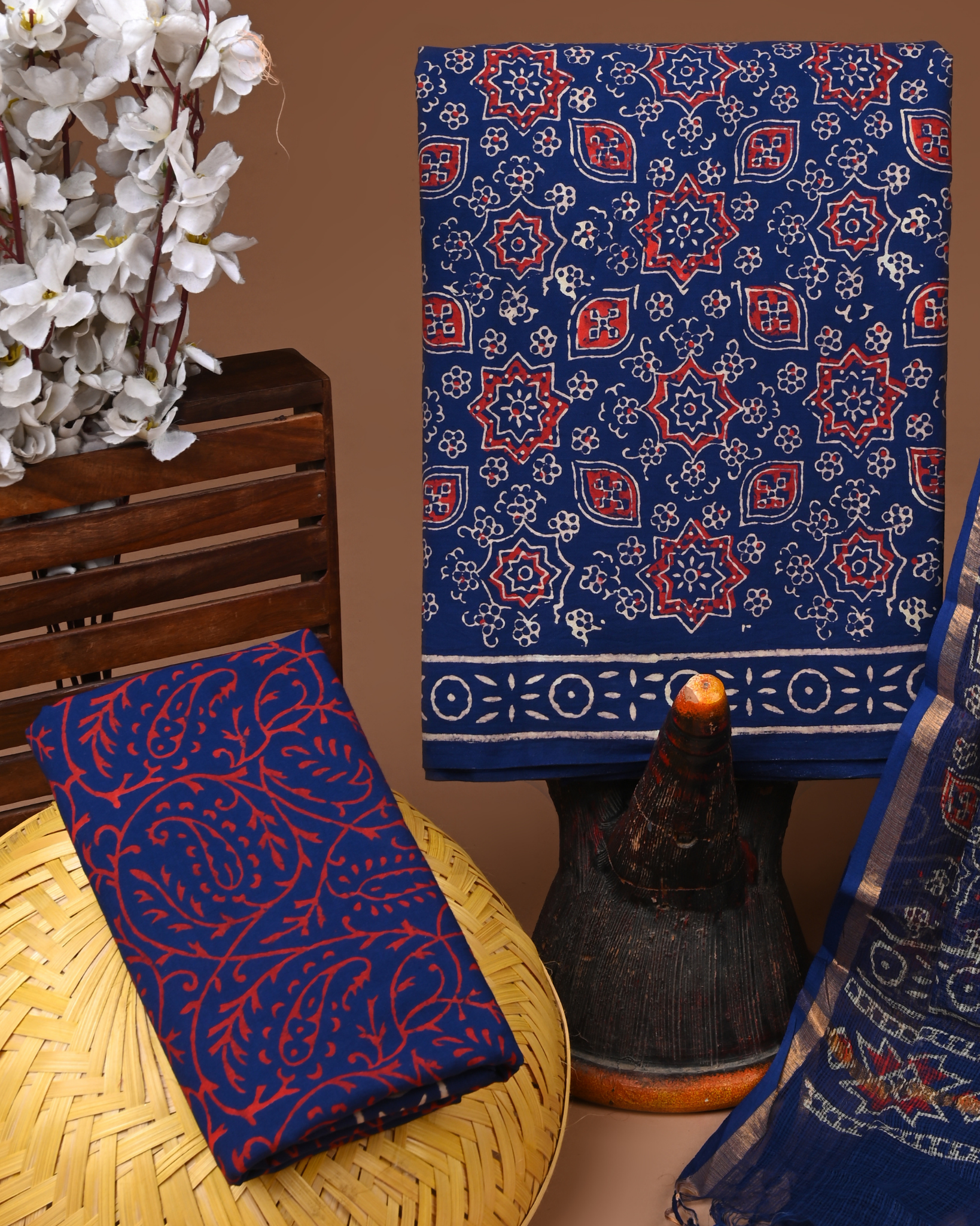 BLUE- BAGRU HAND BLOCK PRINTED COTTON SUIT SET WITH KOTA DUPATTA 13