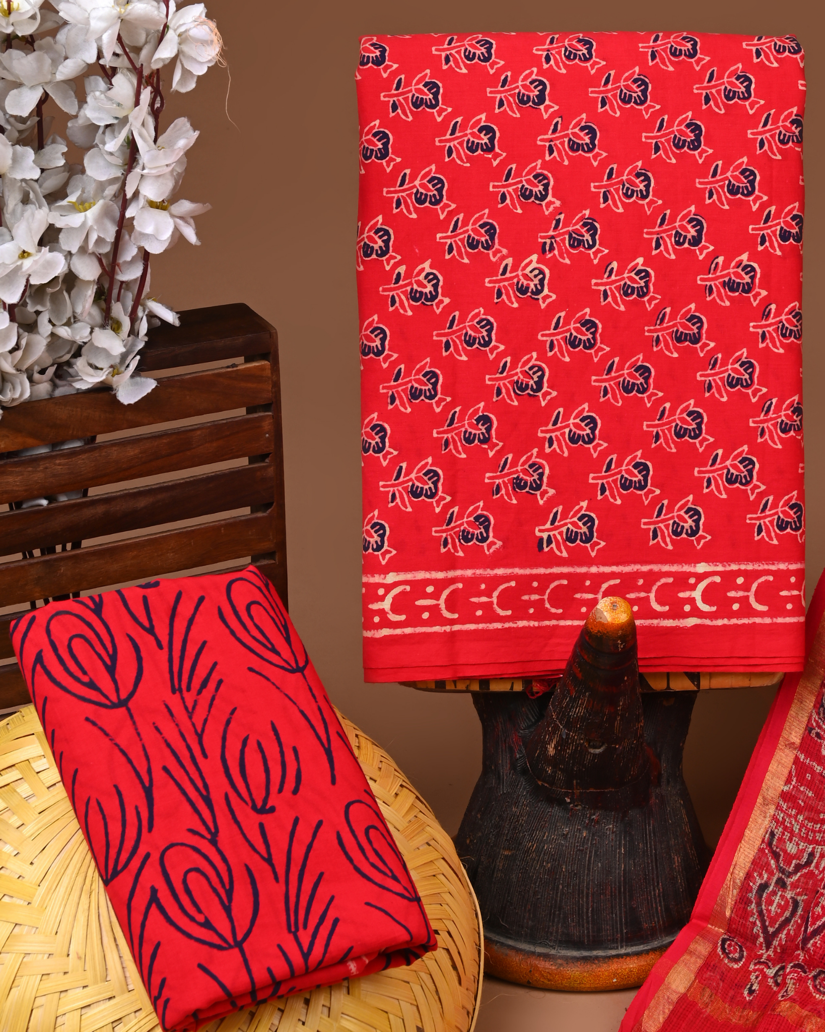 RED- BAGRU HAND BLOCK PRINTED COTTON SUIT SET WITH KOTA DUPATTA 10