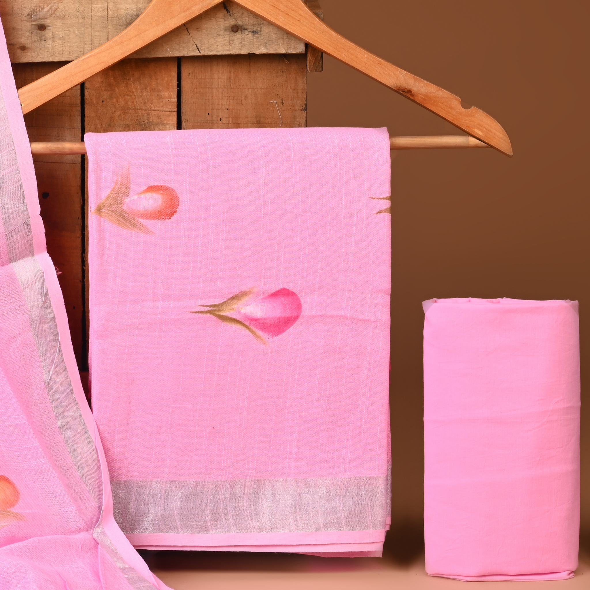 PINK - BAGRU HAND BLOCK PRINTED LINEN COTTON SUIT SET WITH ZARI BORDER 19