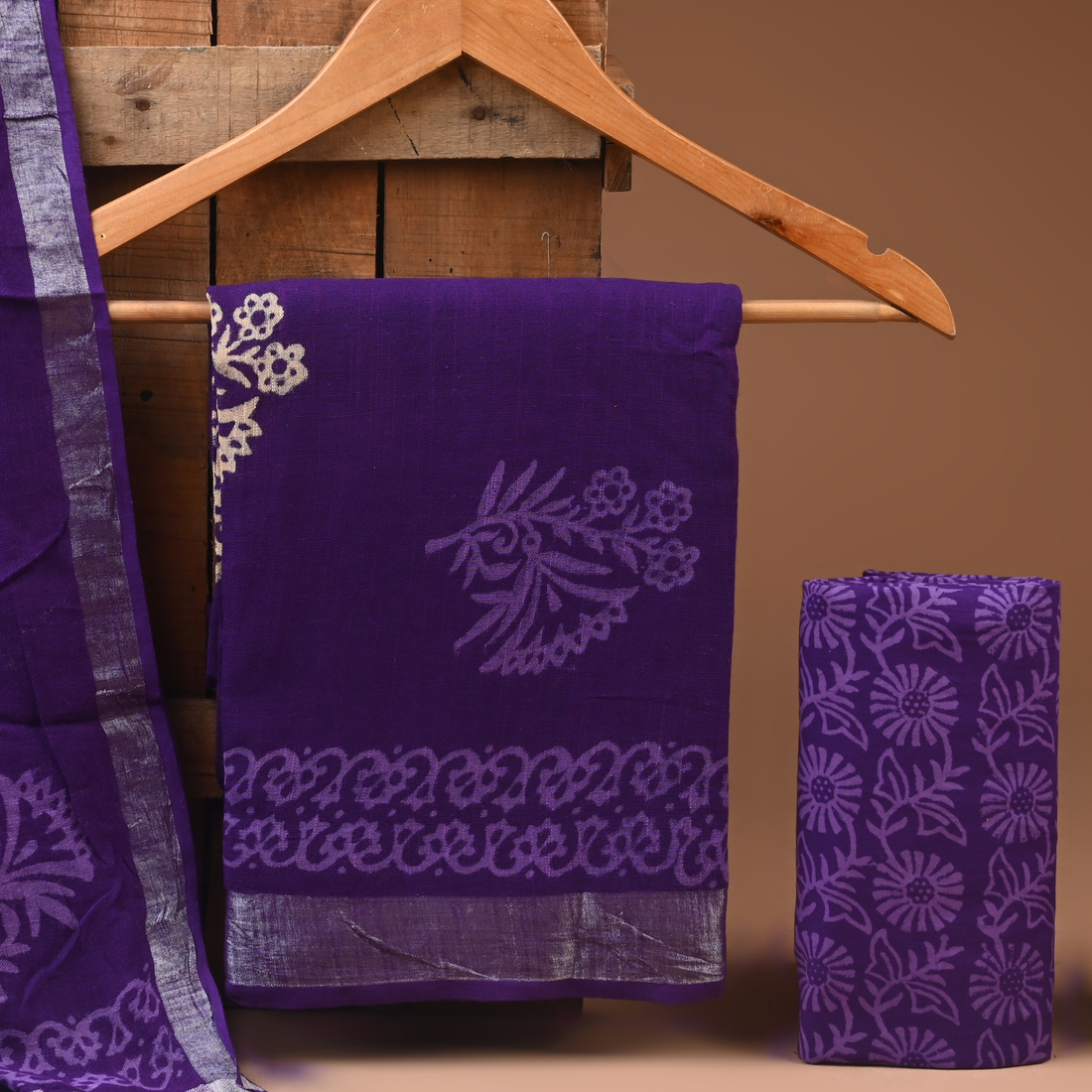 PURPLE- BAGRU HAND BLOCK PRINTED LINEN COTTON SUIT SET WITH ZARI BORDER 44
