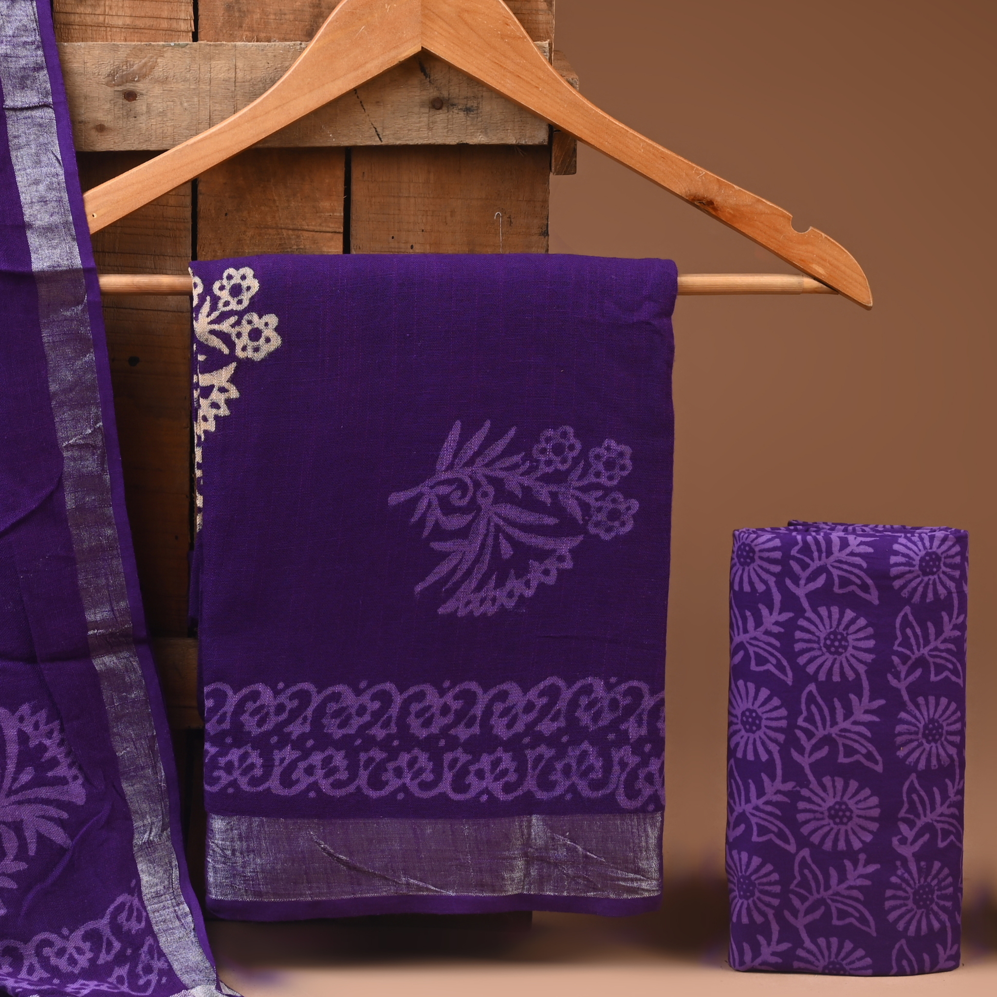 PURPLE- BAGRU HAND BLOCK PRINTED LINEN COTTON SUIT SET WITH ZARI BORDER 44