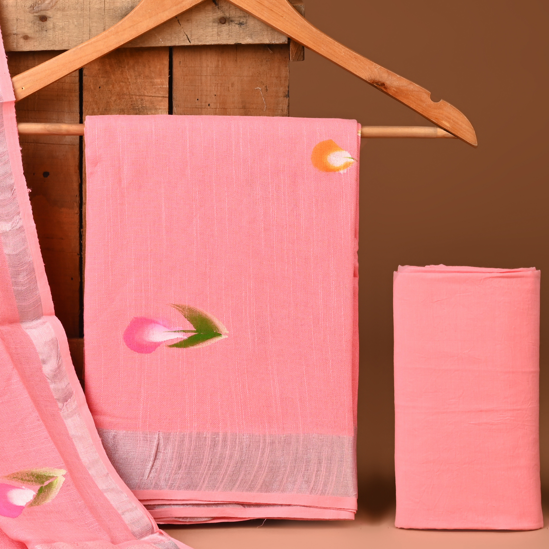 PINK- BAGRU HAND BLOCK PRINTED LINEN COTTON SUIT SET WITH ZARI BORDER 55