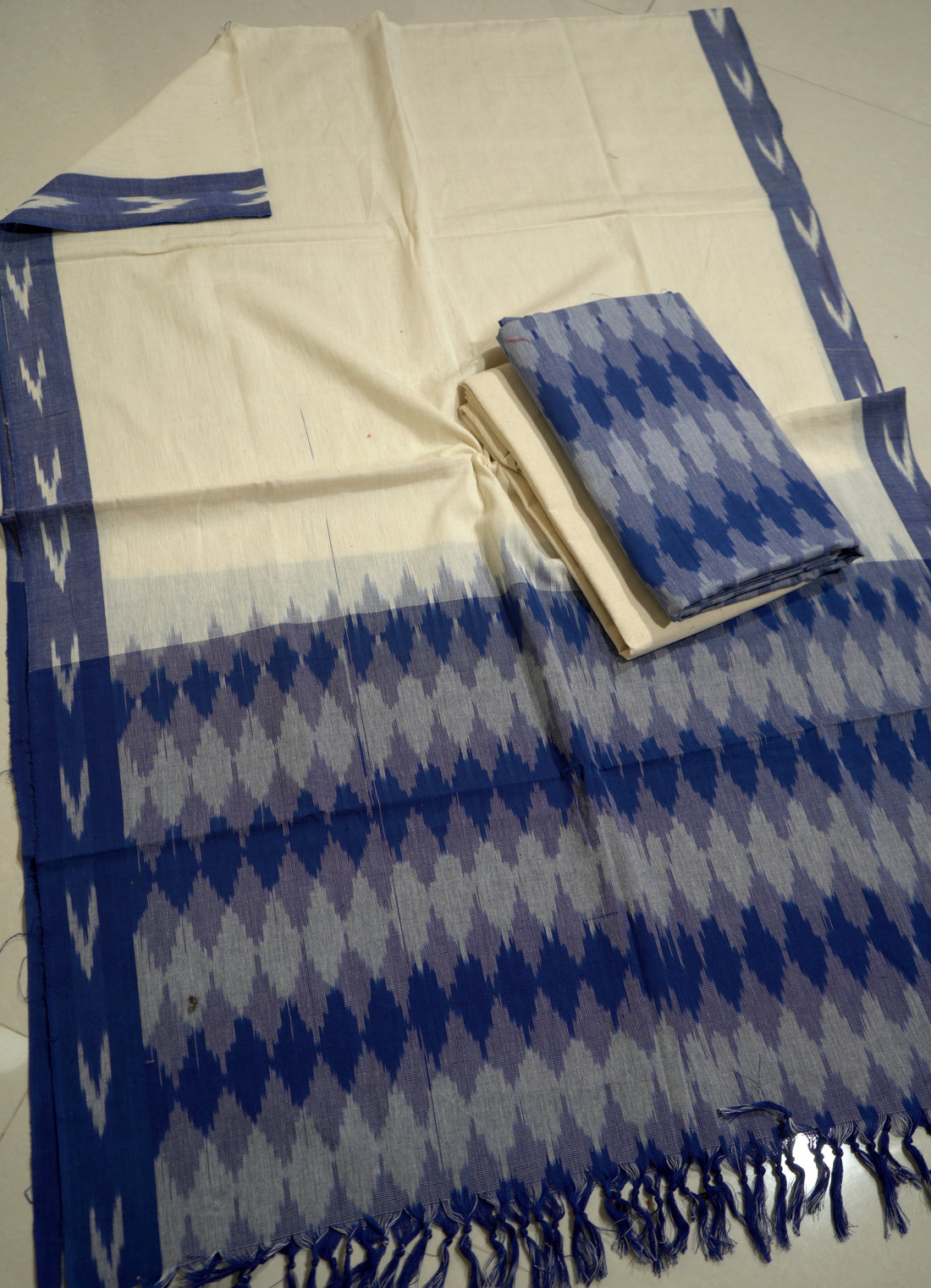 Blue - HANDLOOM COTTON 3PC POCHAMPALLY IKAT DRESS MATERIAL 21
