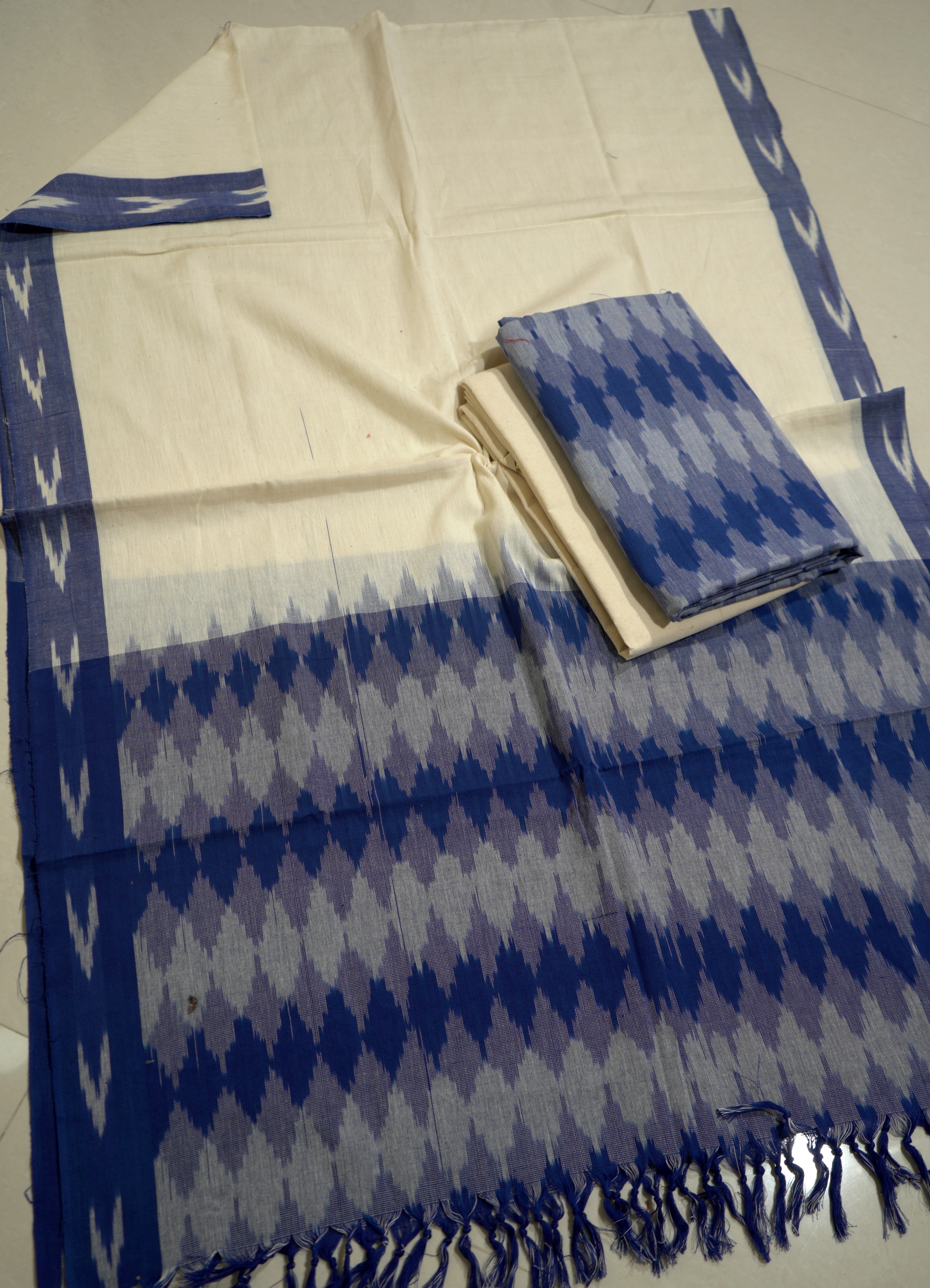 Blue - HANDLOOM COTTON 3PC POCHAMPALLY IKAT DRESS MATERIAL 21