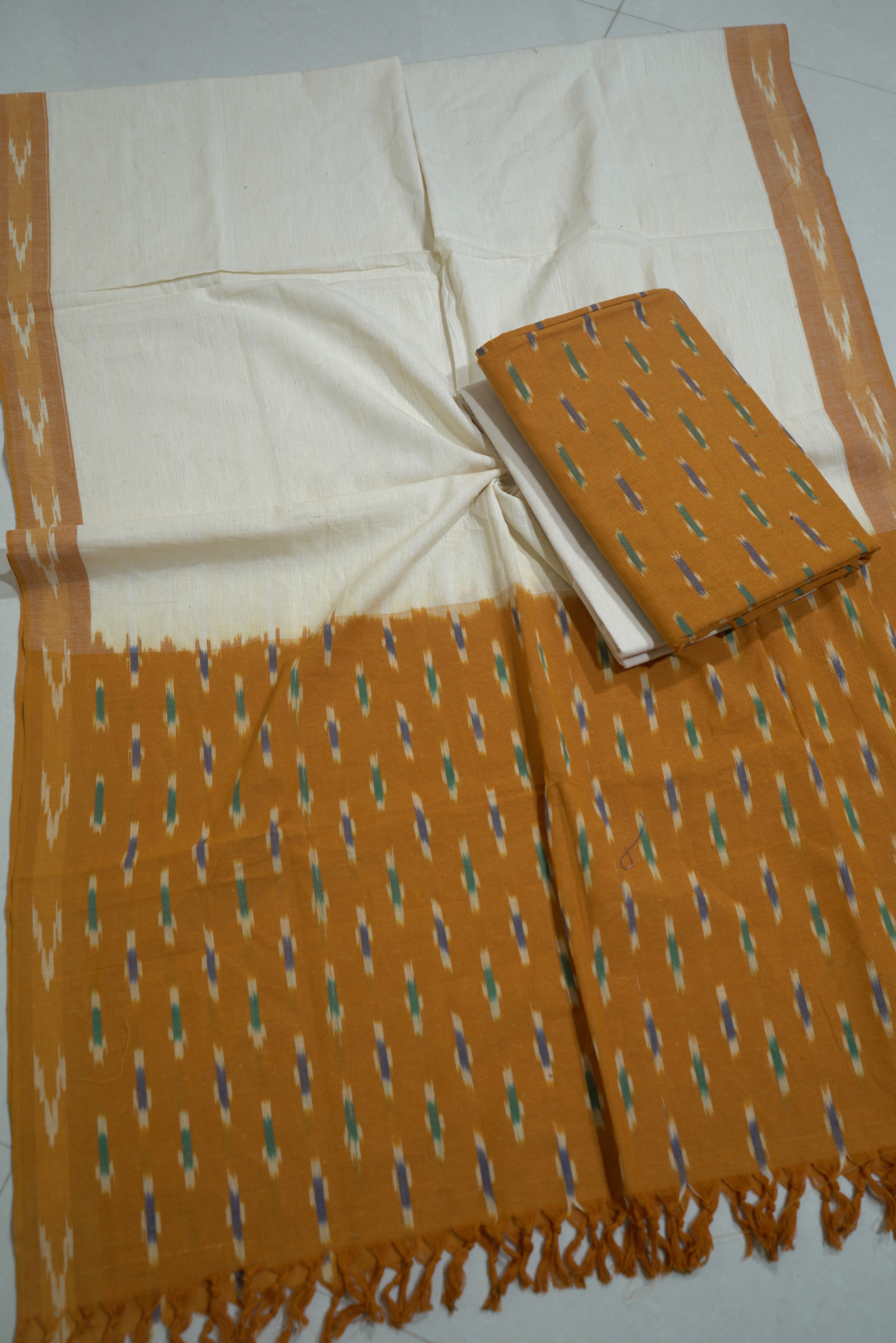 Yellow - HANDLOOM COTTON 3PC POCHAMPALLY IKAT DRESS MATERIAL 11