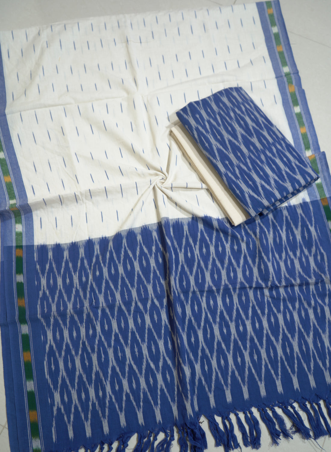 Blue - HANDLOOM COTTON 3PC POCHAMPALLY IKAT DRESS MATERIAL 03