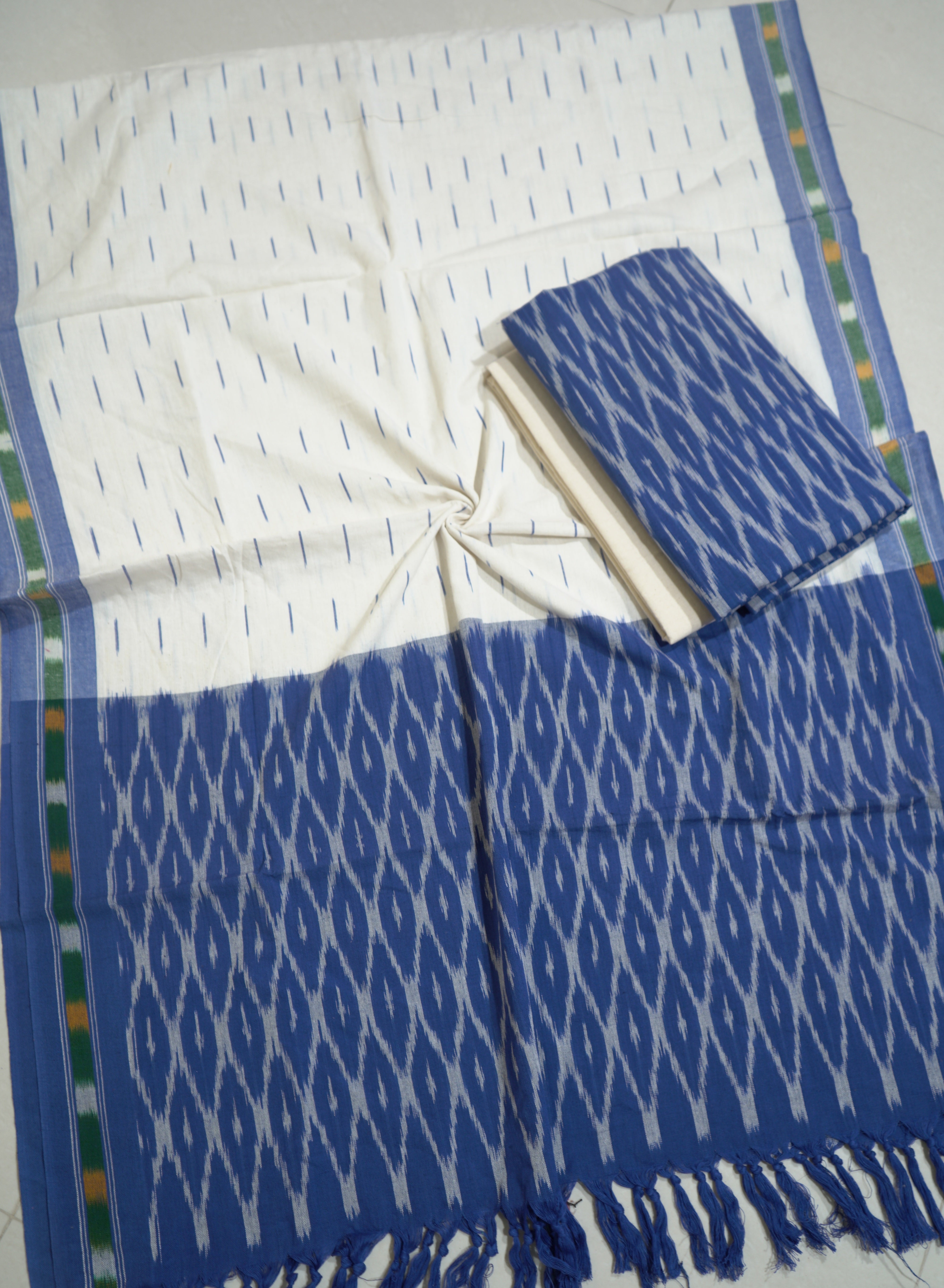 Blue - HANDLOOM COTTON 3PC POCHAMPALLY IKAT DRESS MATERIAL 03