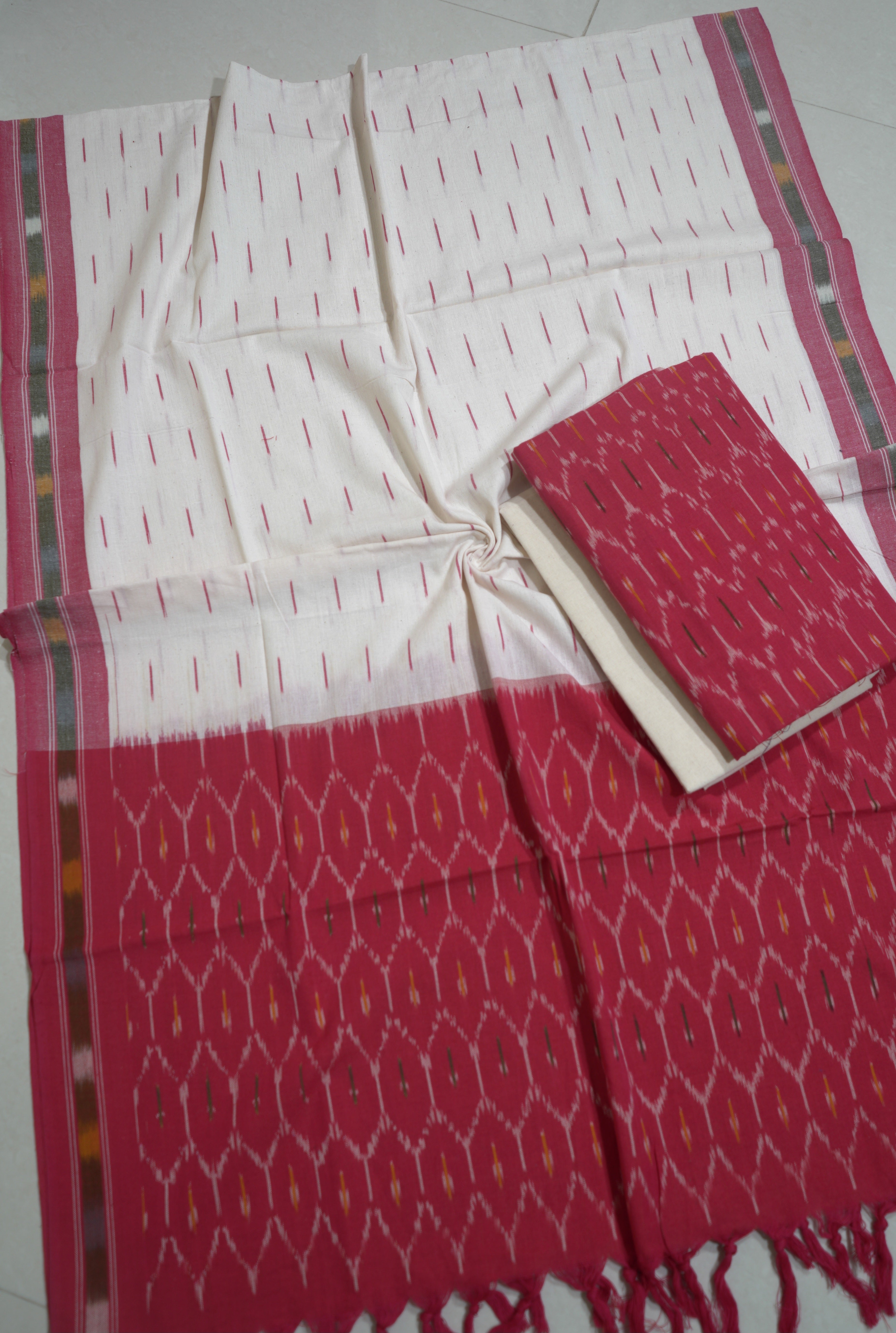 Red - HANDLOOM COTTON 3PC POCHAMPALLY IKAT DRESS MATERIAL 13