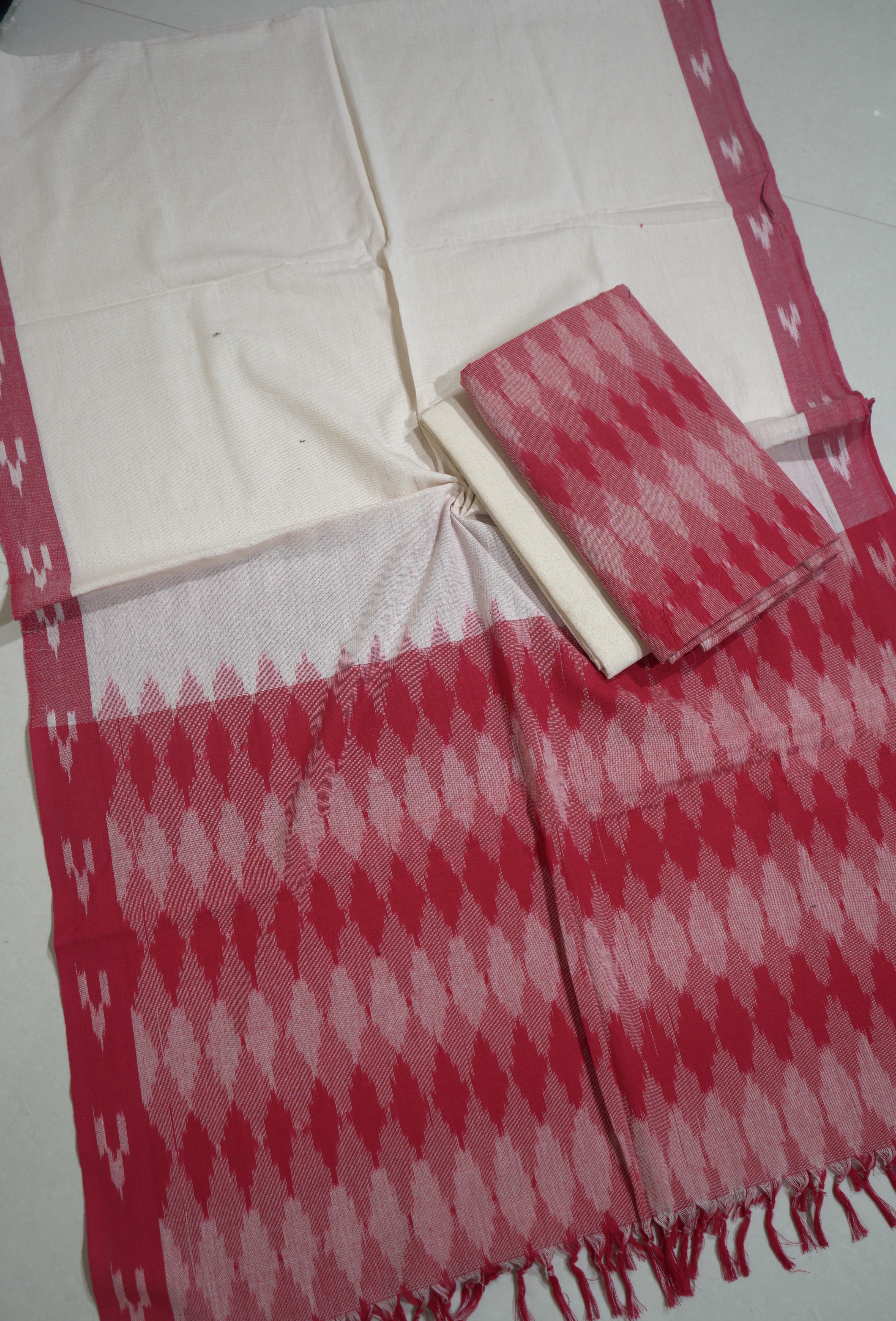 Red - HANDLOOM COTTON 3PC POCHAMPALLY IKAT DRESS MATERIAL 23