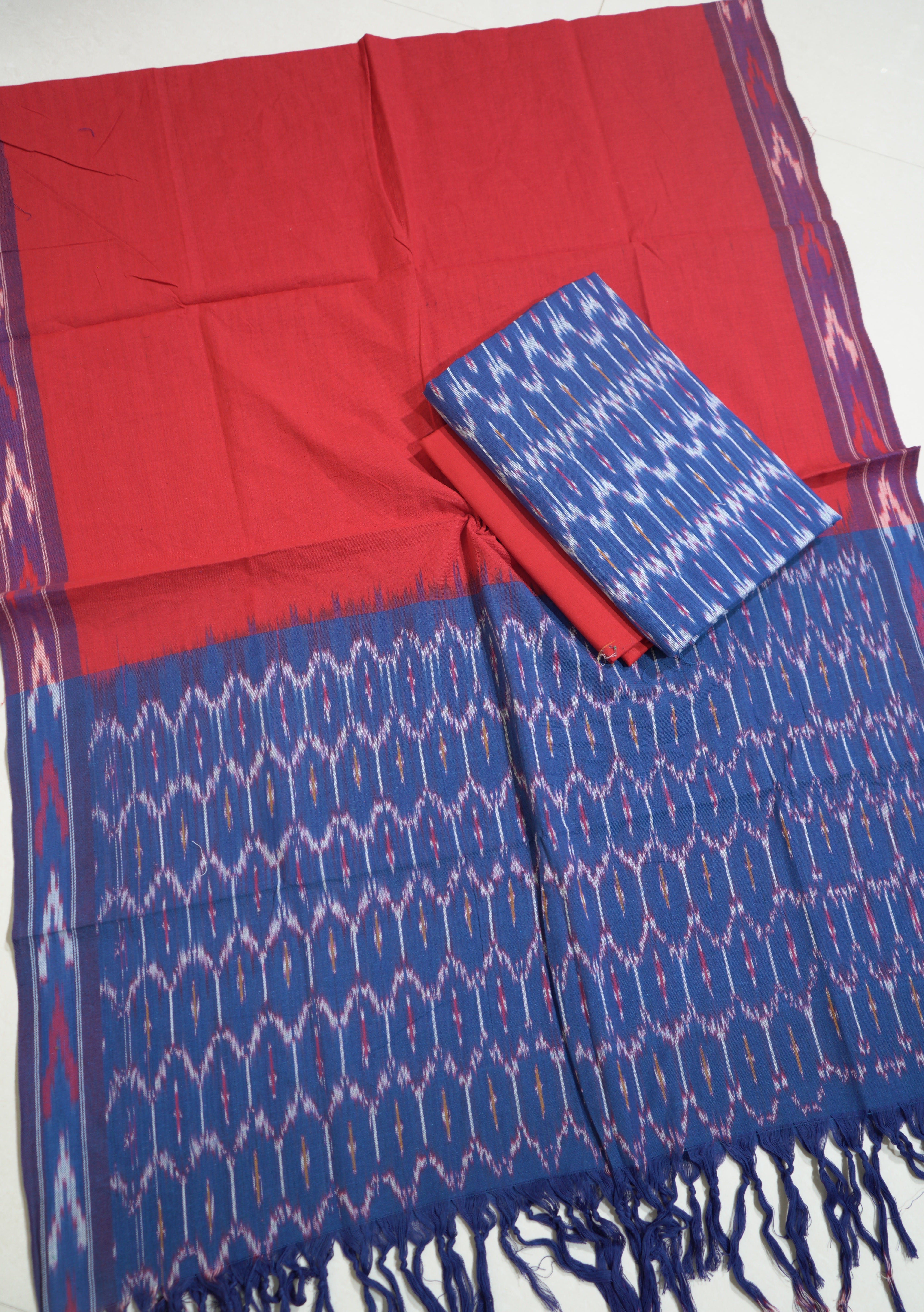 Blue - HANDLOOM COTTON 3PC POCHAMPALLY IKAT DRESS MATERIAL 28
