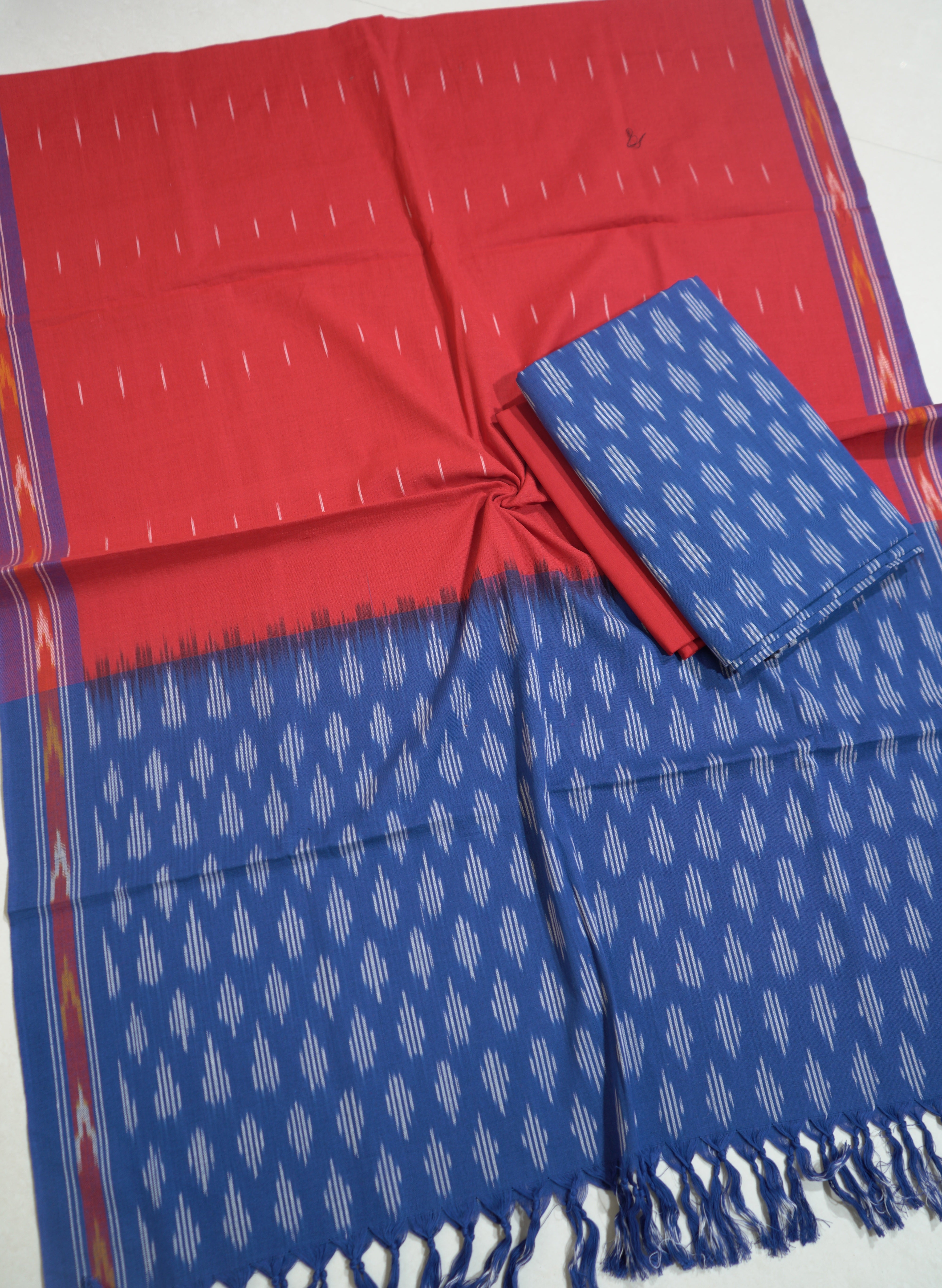 Blue - HANDLOOM COTTON 3PC POCHAMPALLY IKAT DRESS MATERIAL 19