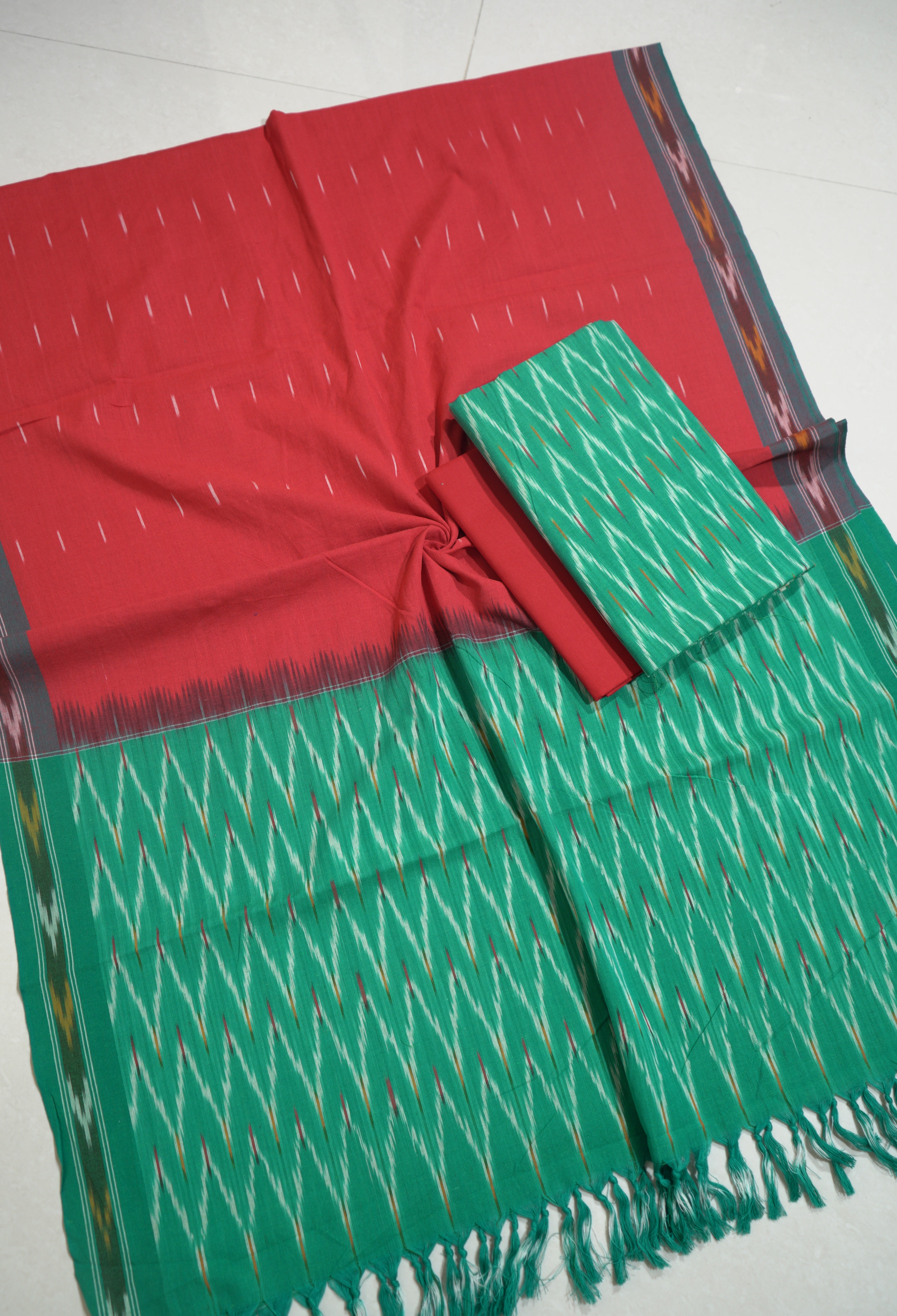 Green - HANDLOOM COTTON 3PC POCHAMPALLY IKAT DRESS MATERIAL 14