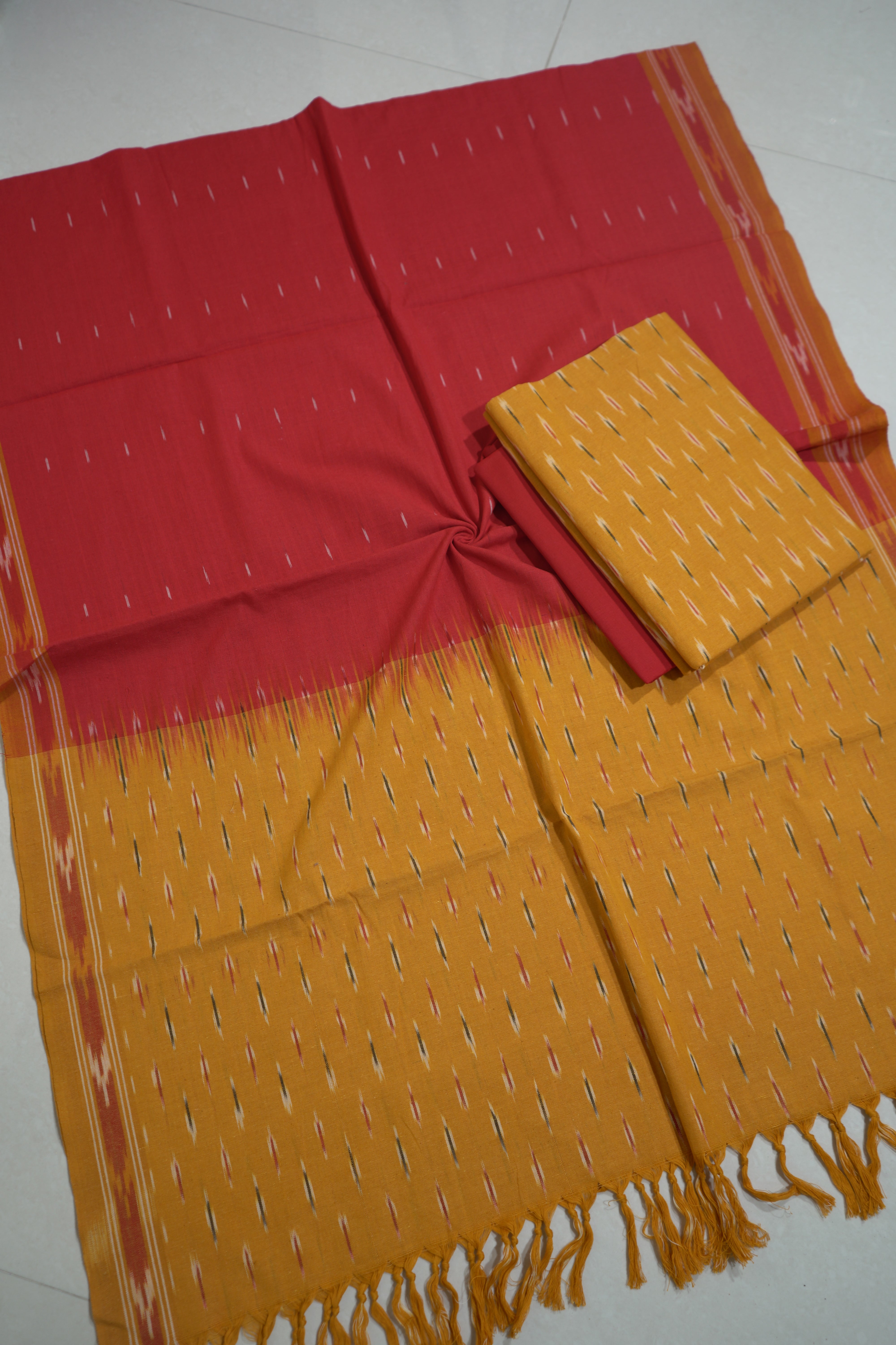 Yellow - HANDLOOM COTTON 3PC POCHAMPALLY IKAT DRESS MATERIAL 34
