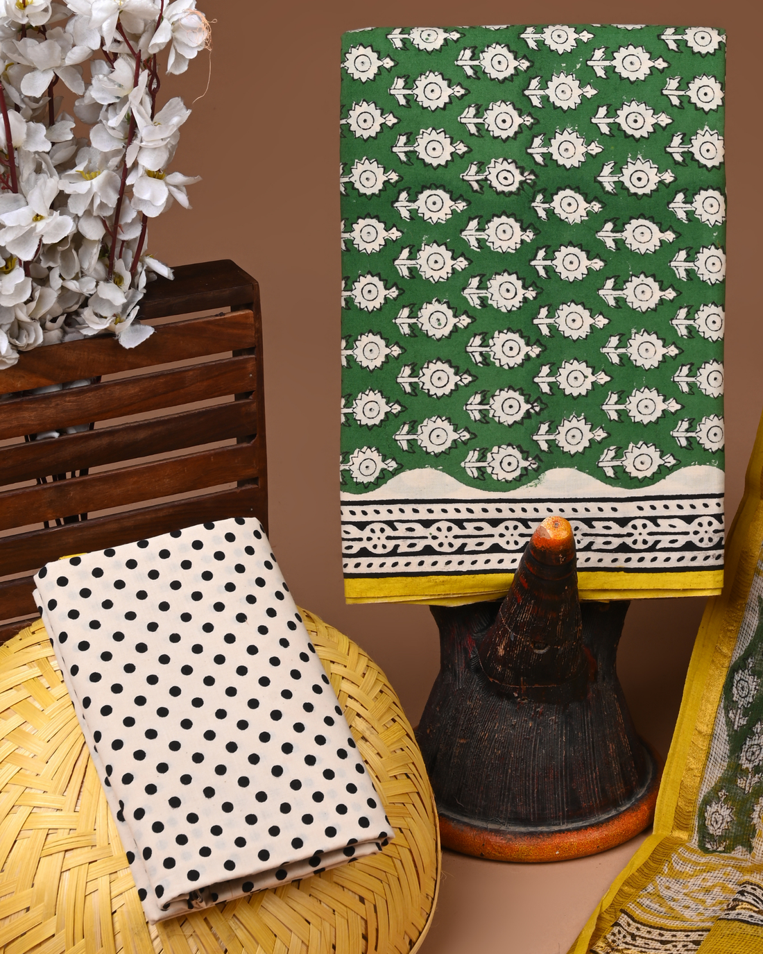 GREEN- BAGRU HAND BLOCK PRINTED COTTON SUIT SET WITH KOTA DUPATTA 09