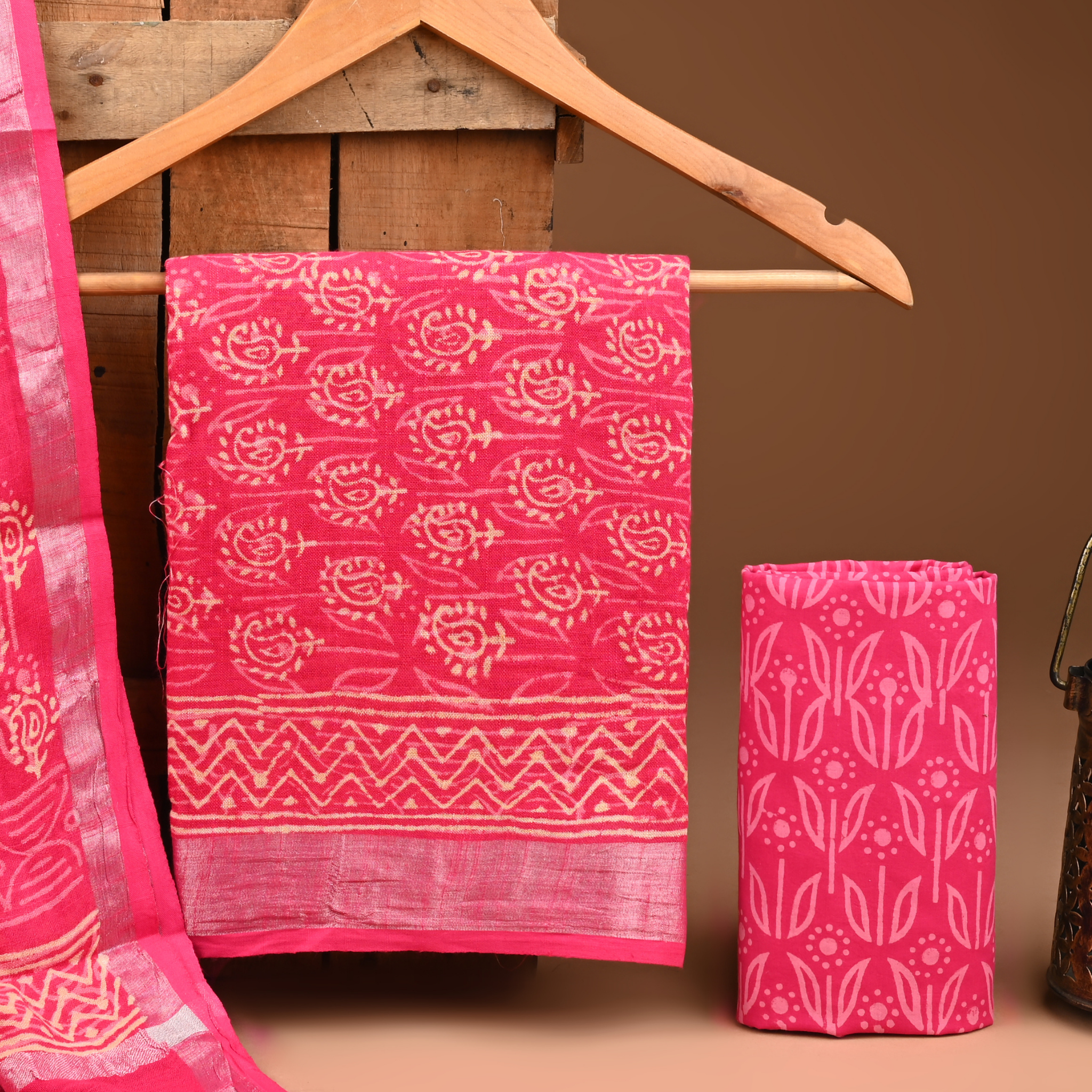 PINK - BAGRU HAND BLOCK PRINTED LINEN COTTON SUIT SET WITH ZARI BORDER 15