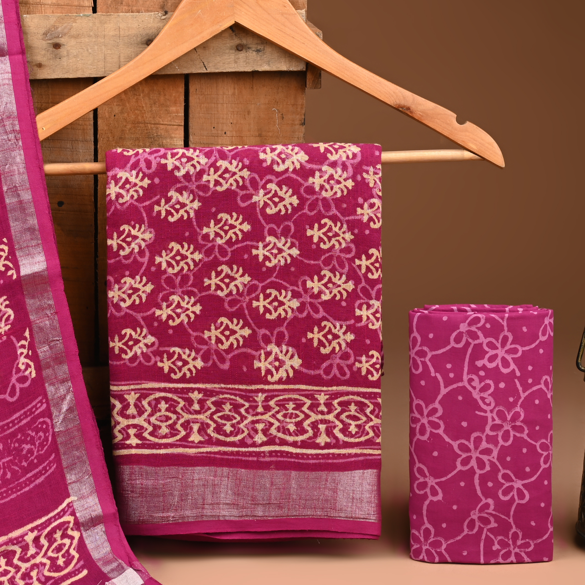 PINK- BAGRU HAND BLOCK PRINTED LINEN COTTON SUIT SET WITH ZARI BORDER 51