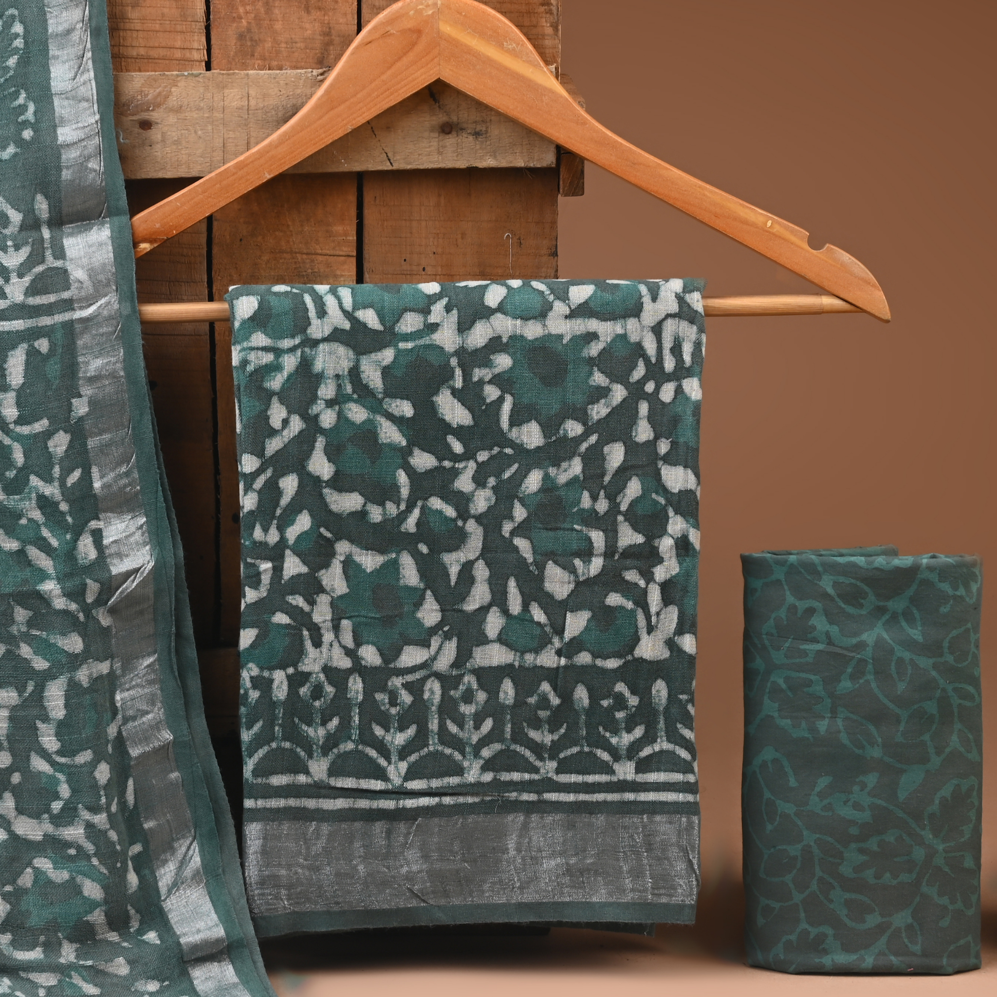 PISTA GREEN- BAGRU HAND BLOCK PRINTED LINEN COTTON SUIT SET WITH ZARI BORDER 47
