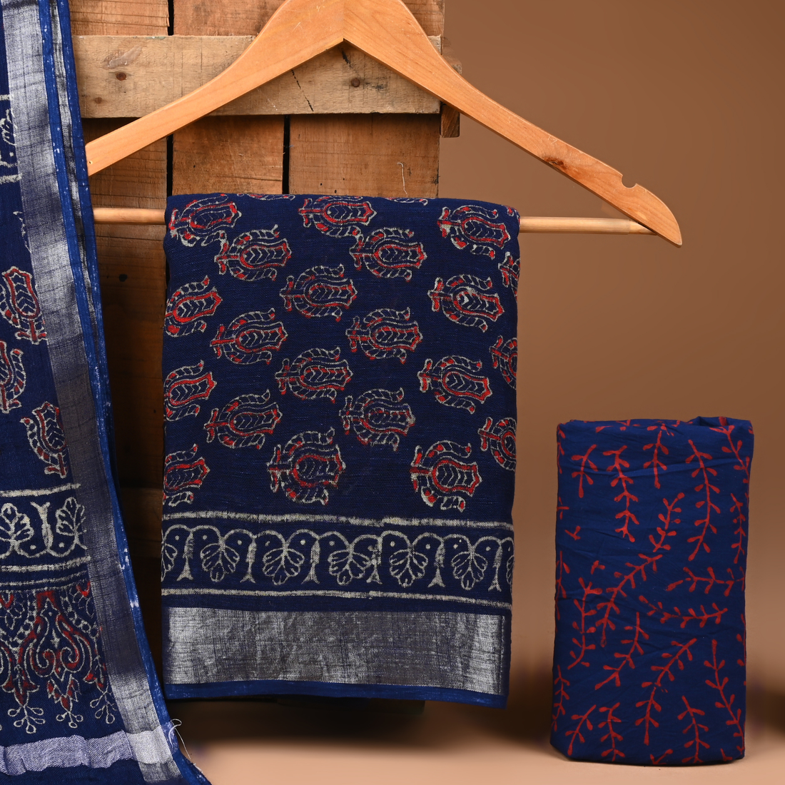 BLUE - BAGRU HAND BLOCK PRINTED LINEN COTTON SUIT SET WITH ZARI BORDER 06
