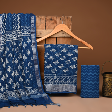 BLUE- BAGRU HAND BLOCK PRINTED LINEN COTTON SUIT SET WITH ZARI BORDER 48