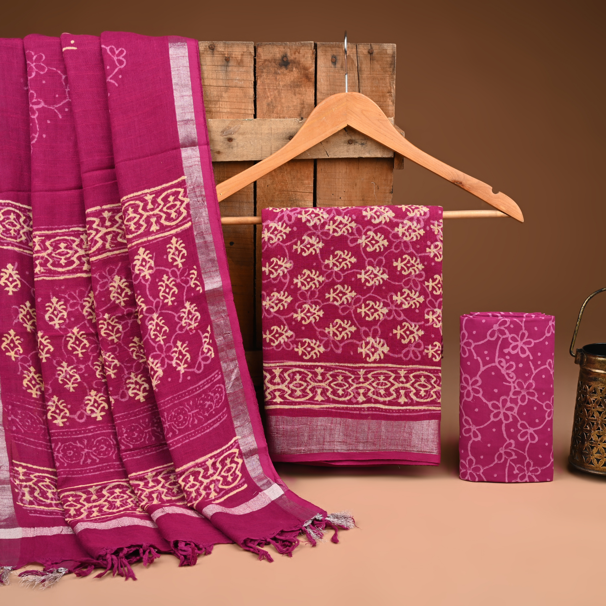 PINK- BAGRU HAND BLOCK PRINTED LINEN COTTON SUIT SET WITH ZARI BORDER 51