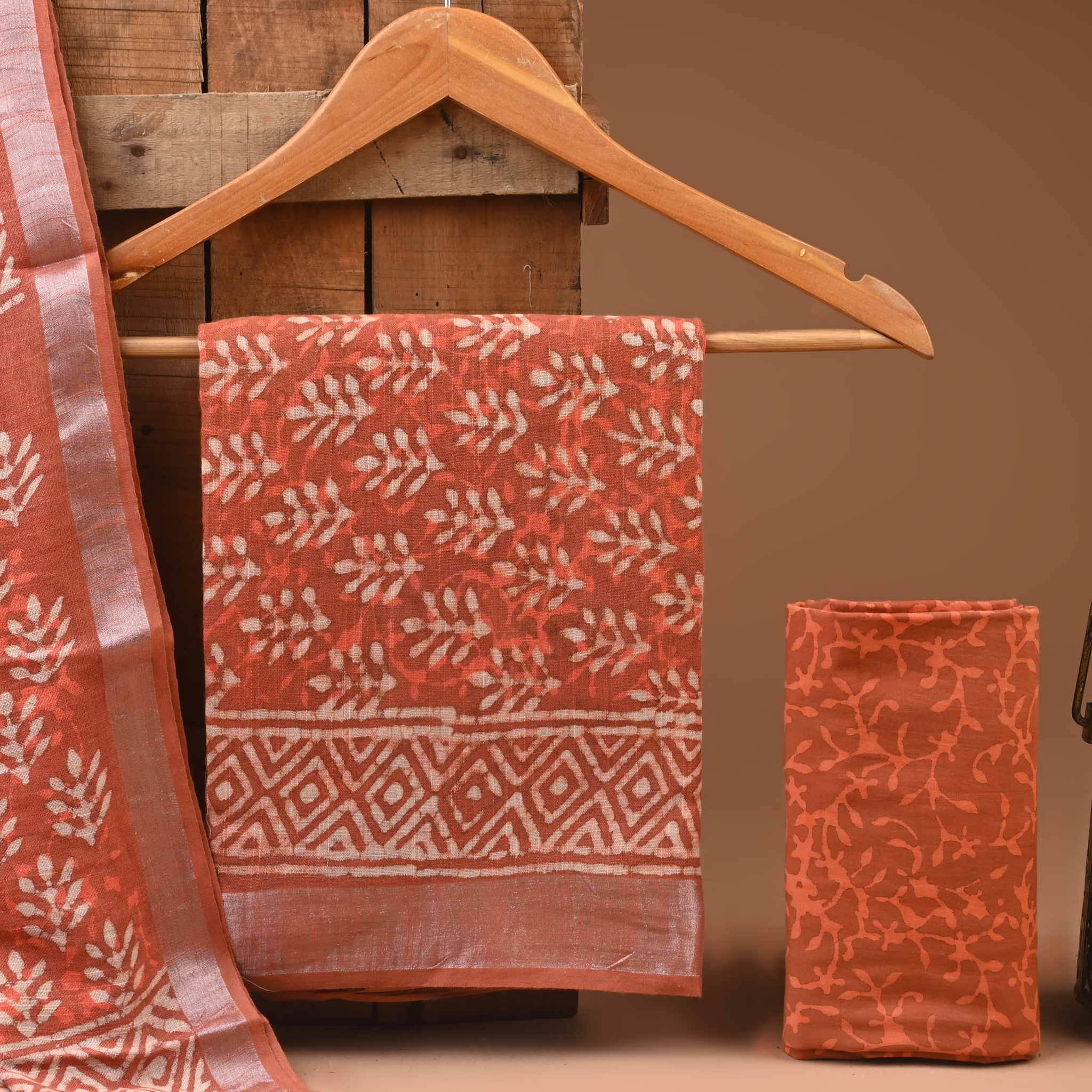 ORANGE - BAGRU HAND BLOCK PRINTED LINEN COTTON SUIT SET WITH ZARI BORDER 16