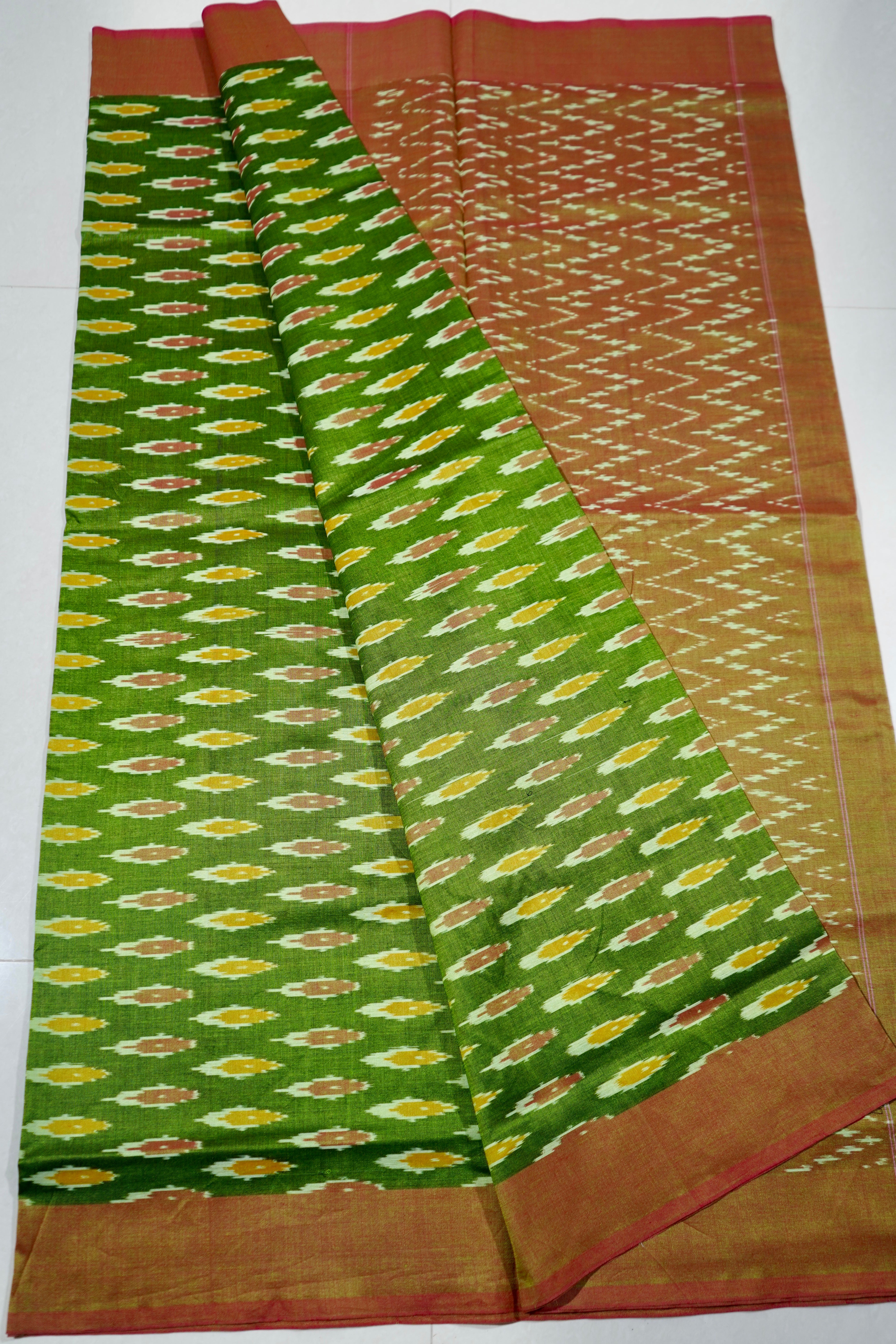 Green - MERCERISED COTTON HANDLOOM POCHAMPALLY IKAT SAREE 03