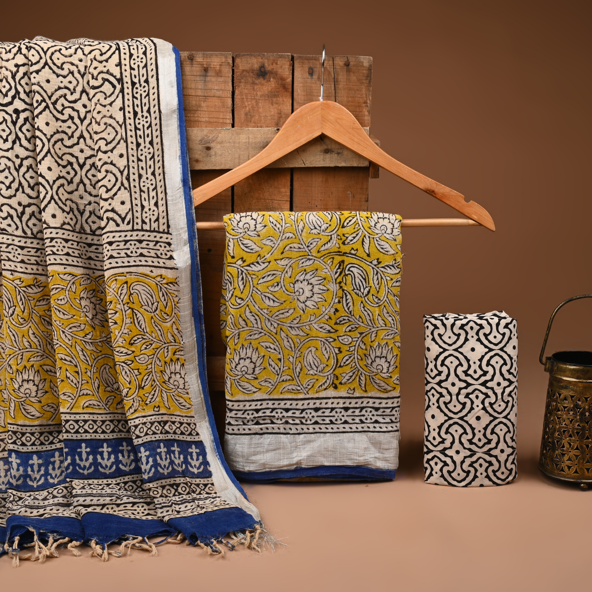 LEMON - BAGRU HAND BLOCK PRINTED LINEN COTTON SUIT SET WITH ZARI BORDER 04