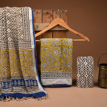 LEMON - BAGRU HAND BLOCK PRINTED LINEN COTTON SUIT SET WITH ZARI BORDER 04