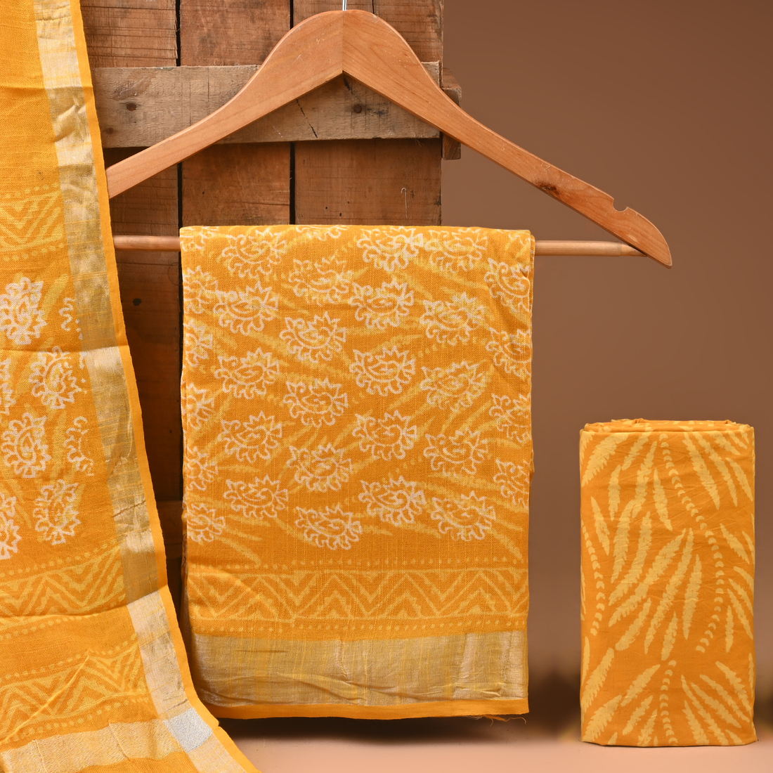 YELLOW- BAGRU HAND BLOCK PRINTED LINEN COTTON SUIT SET WITH ZARI BORDER 53