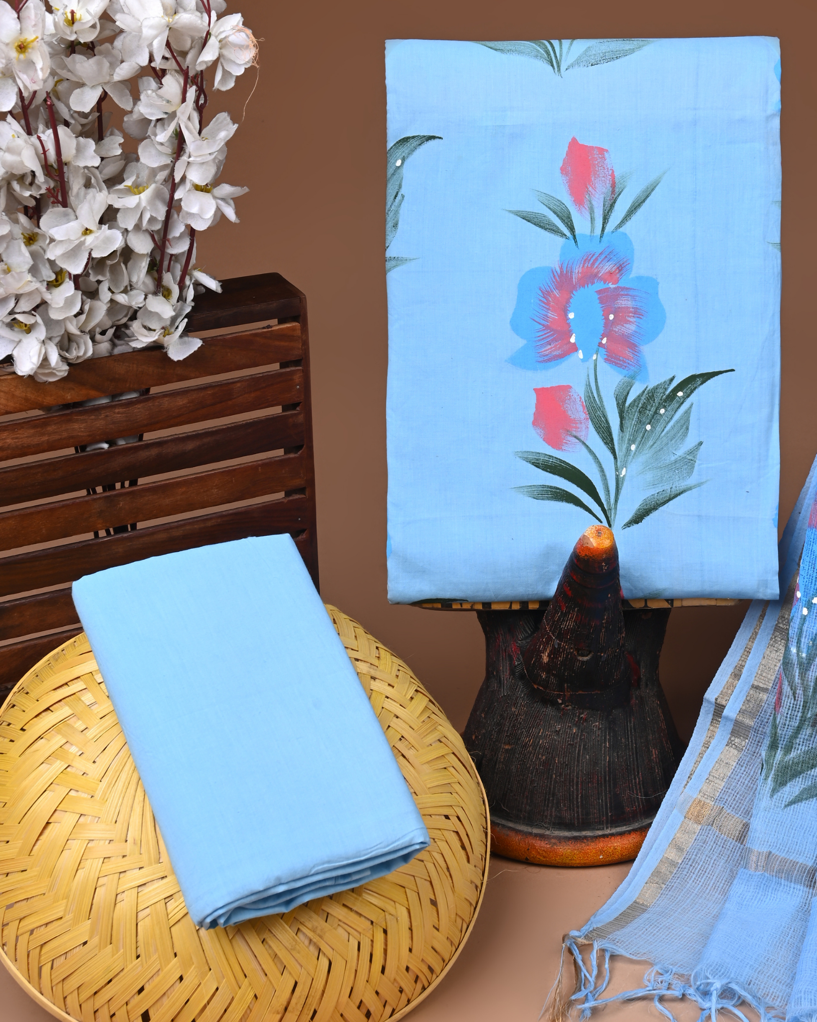 BLUE- BAGRU HAND BLOCK PRINTED COTTON SUIT SET WITH KOTA DUPATTA 11