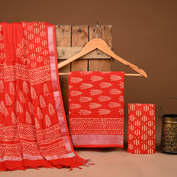 ORANGE- BAGRU HAND BLOCK PRINTED LINEN COTTON SUIT SET WITH ZARI BORDER 10
