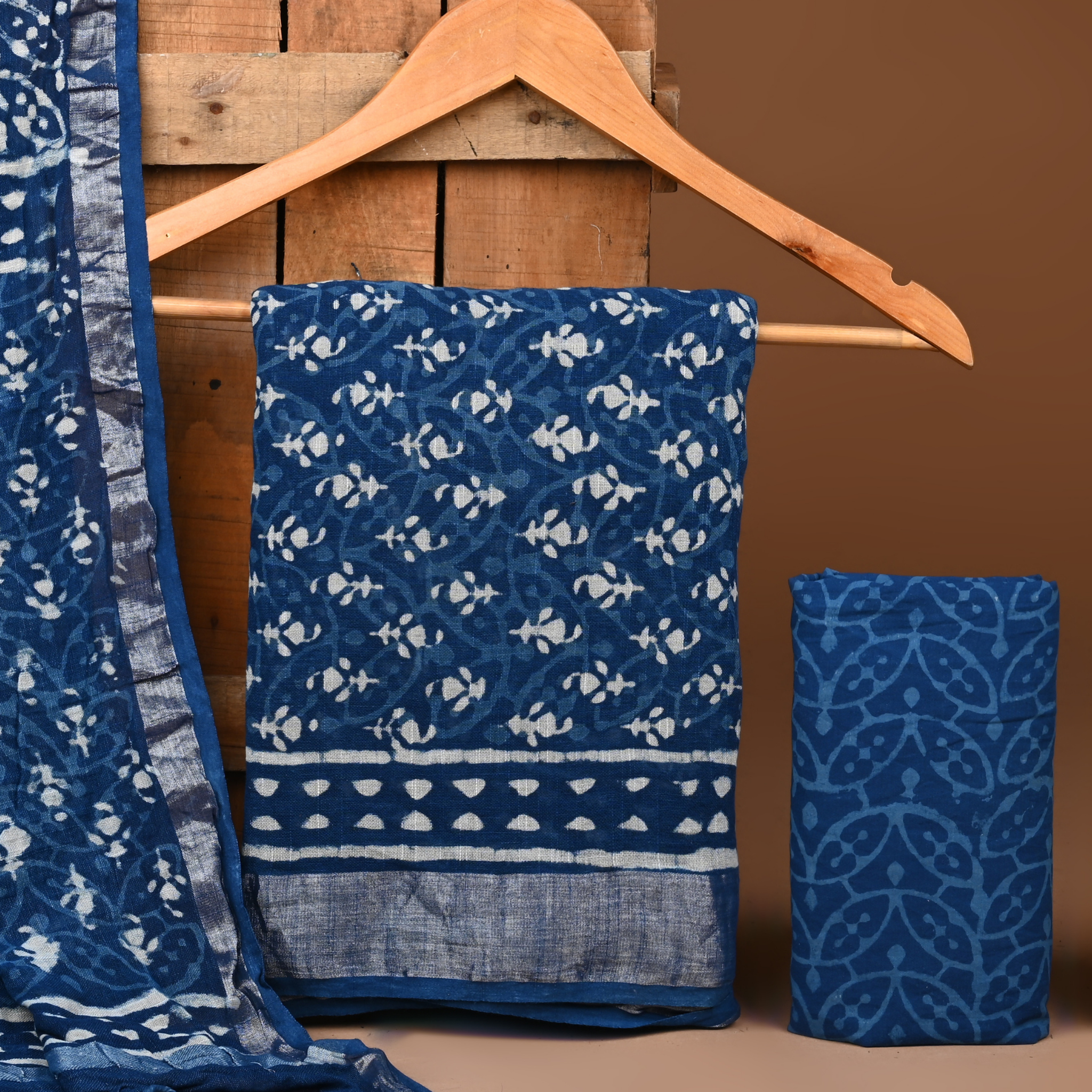 BLUE- BAGRU HAND BLOCK PRINTED LINEN COTTON SUIT SET WITH ZARI BORDER 07