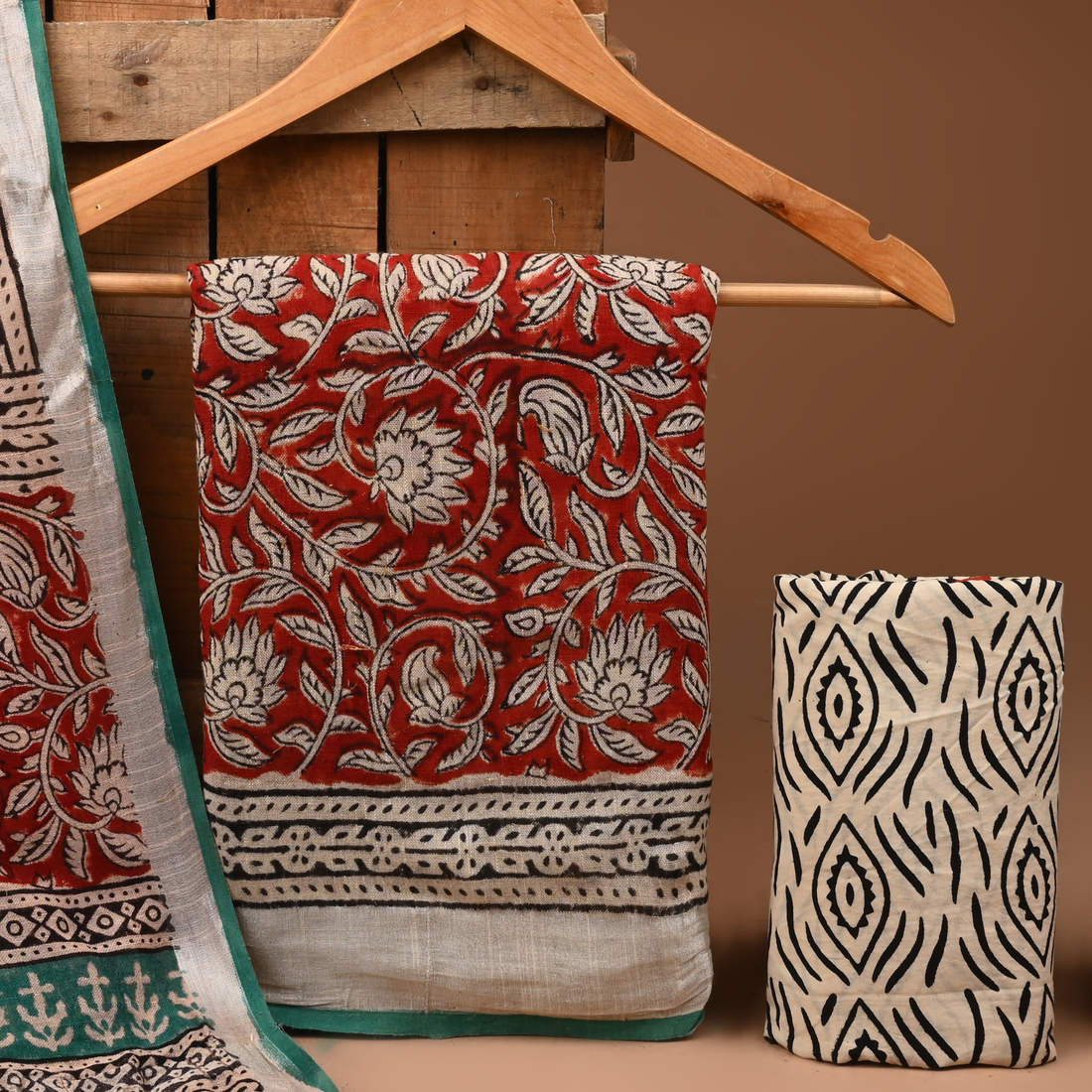 MAROON- BAGRU HAND BLOCK PRINTED LINEN COTTON SUIT SET WITH ZARI BORDER 40