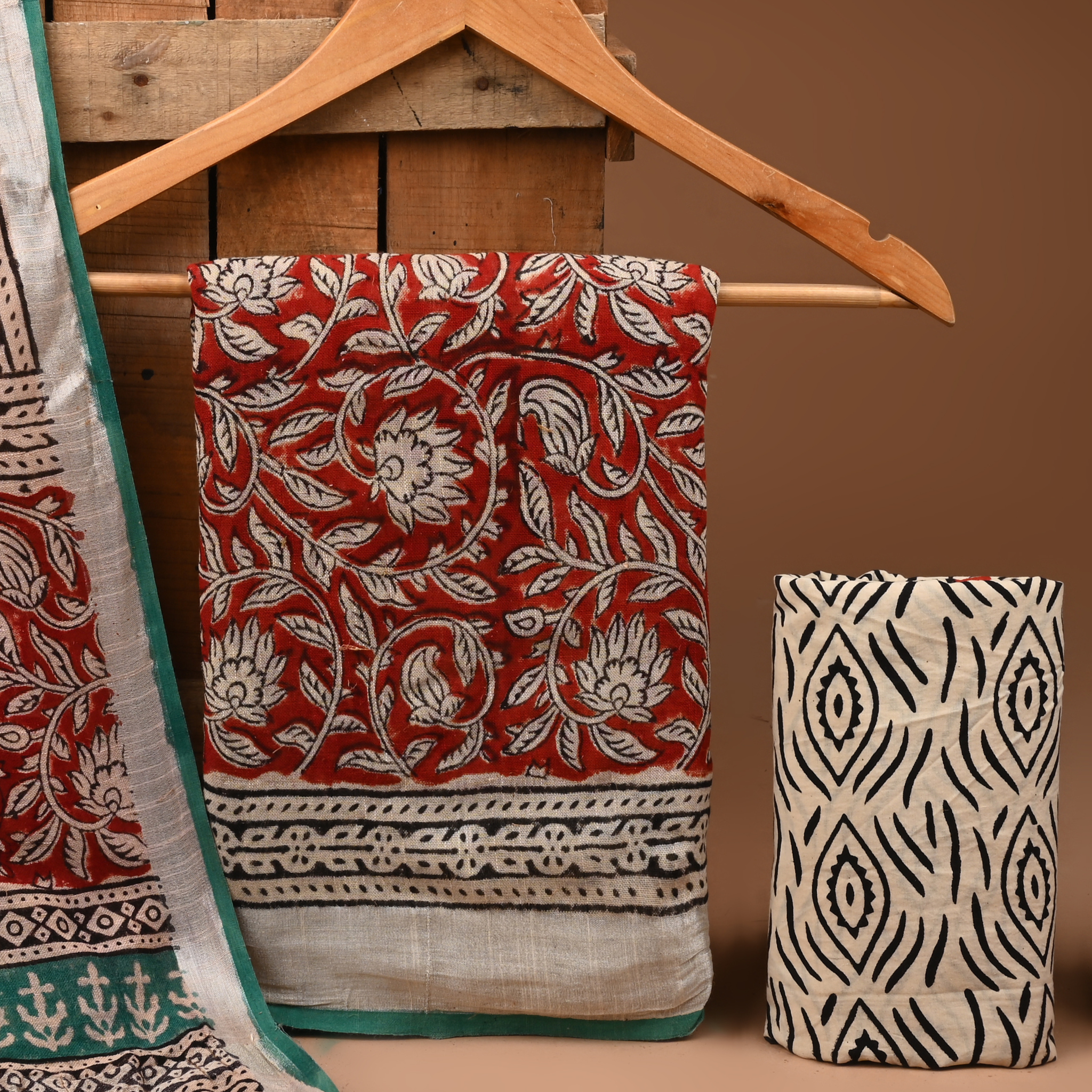 MAROON- BAGRU HAND BLOCK PRINTED LINEN COTTON SUIT SET WITH ZARI BORDER 40