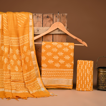 YELLOW- BAGRU HAND BLOCK PRINTED LINEN COTTON SUIT SET WITH ZARI BORDER 50