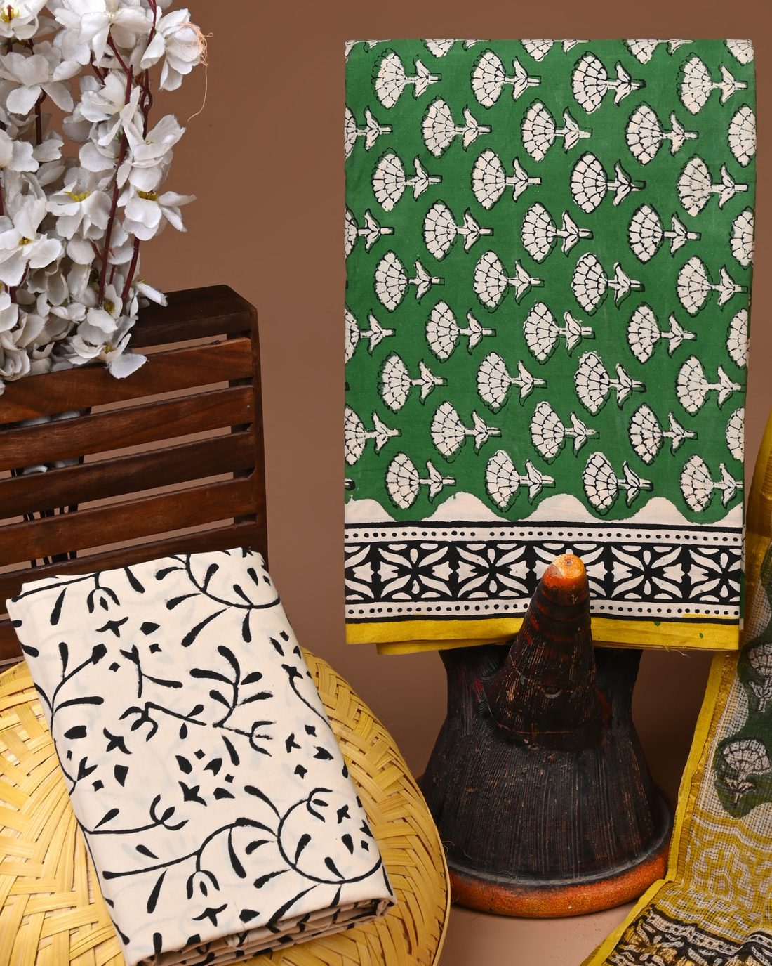 GREEN- BAGRU HAND BLOCK PRINTED COTTON SUIT SET WITH KOTA DUPATTA 23