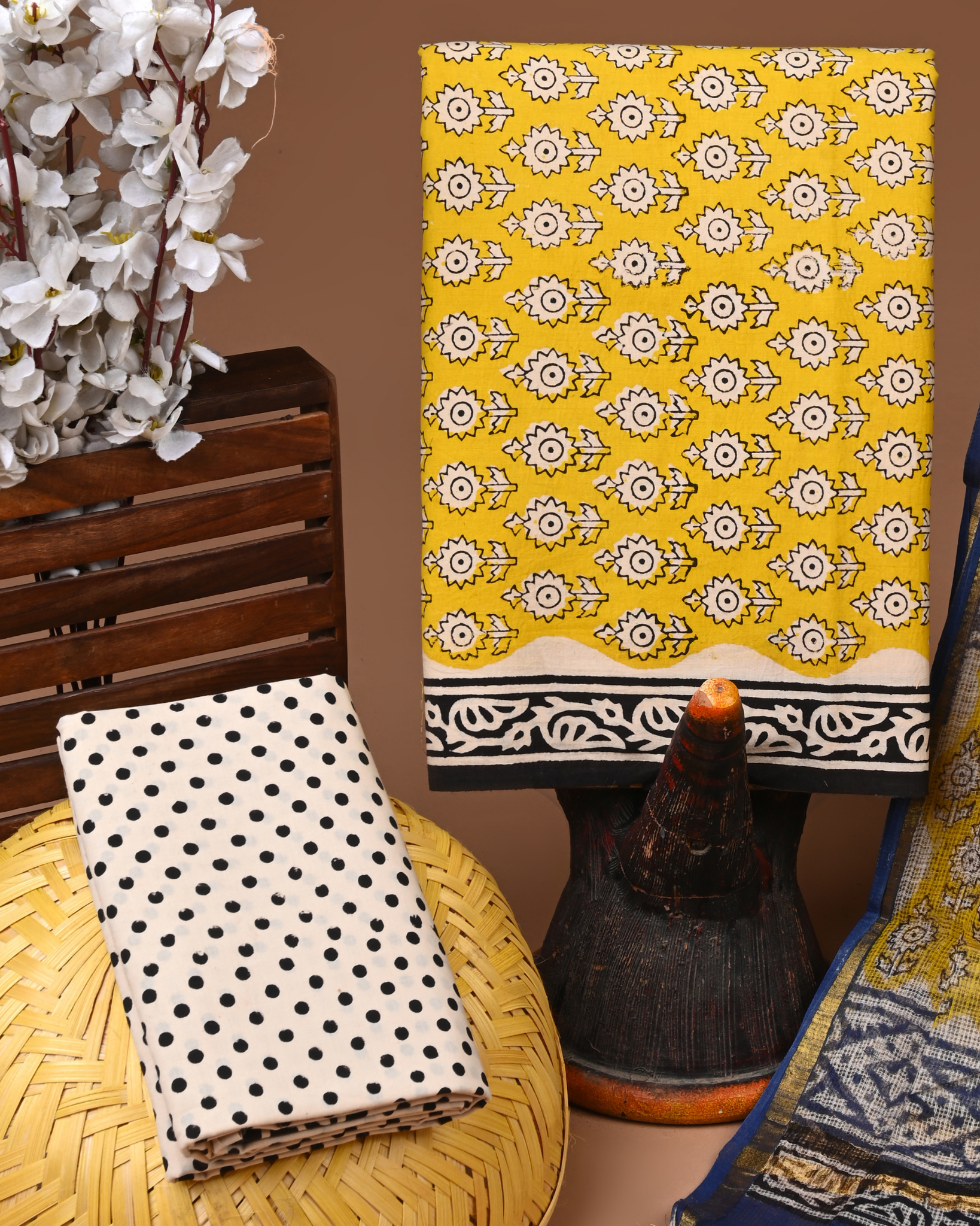 YELLOW- BAGRU HAND BLOCK PRINTED COTTON SUIT SET WITH KOTA DUPATTA 25