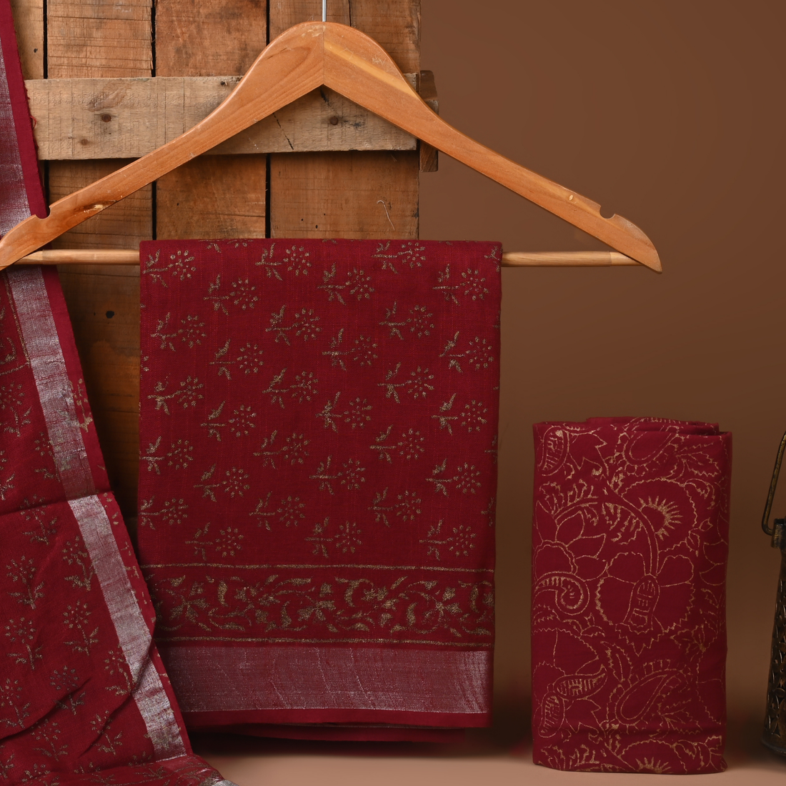 BROWN- BAGRU HAND BLOCK PRINTED LINEN COTTON SUIT SET WITH ZARI BORDER 49