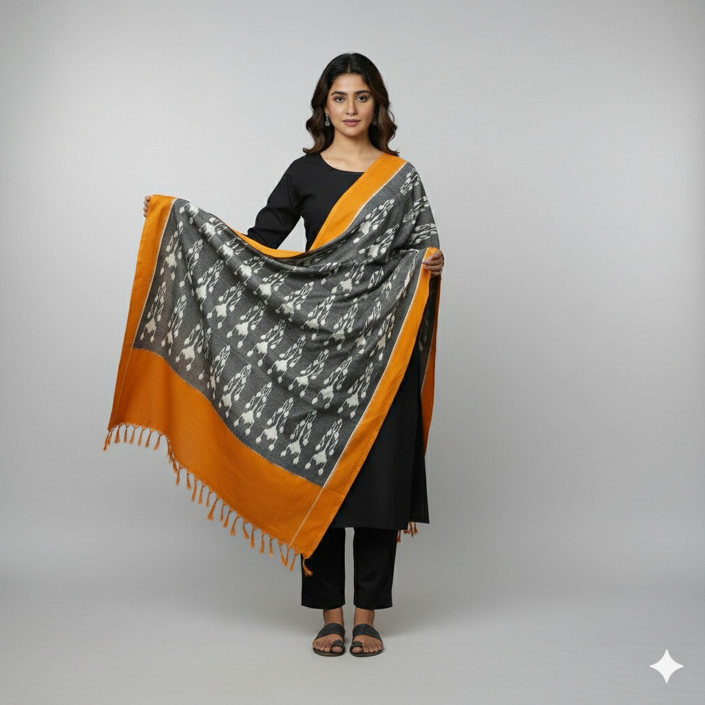 GRAY - POCHAMPALLY DOUBLE IKAT COTTON HANDLOOM DUPATTA 01