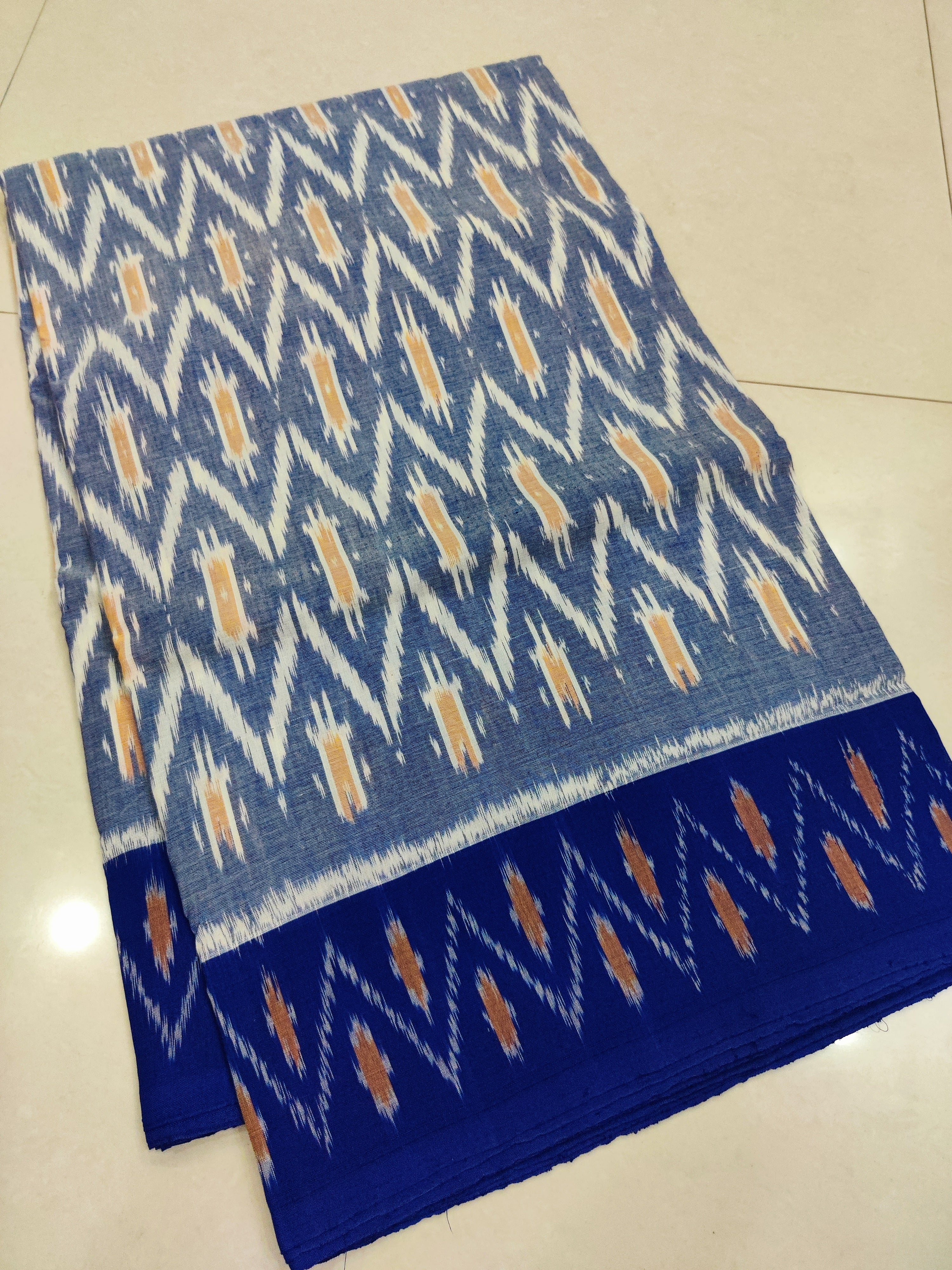 BLUE- MERCERISED PURE COTTON HANDLOOM POCHAMPALLY IKAT SAREE 114