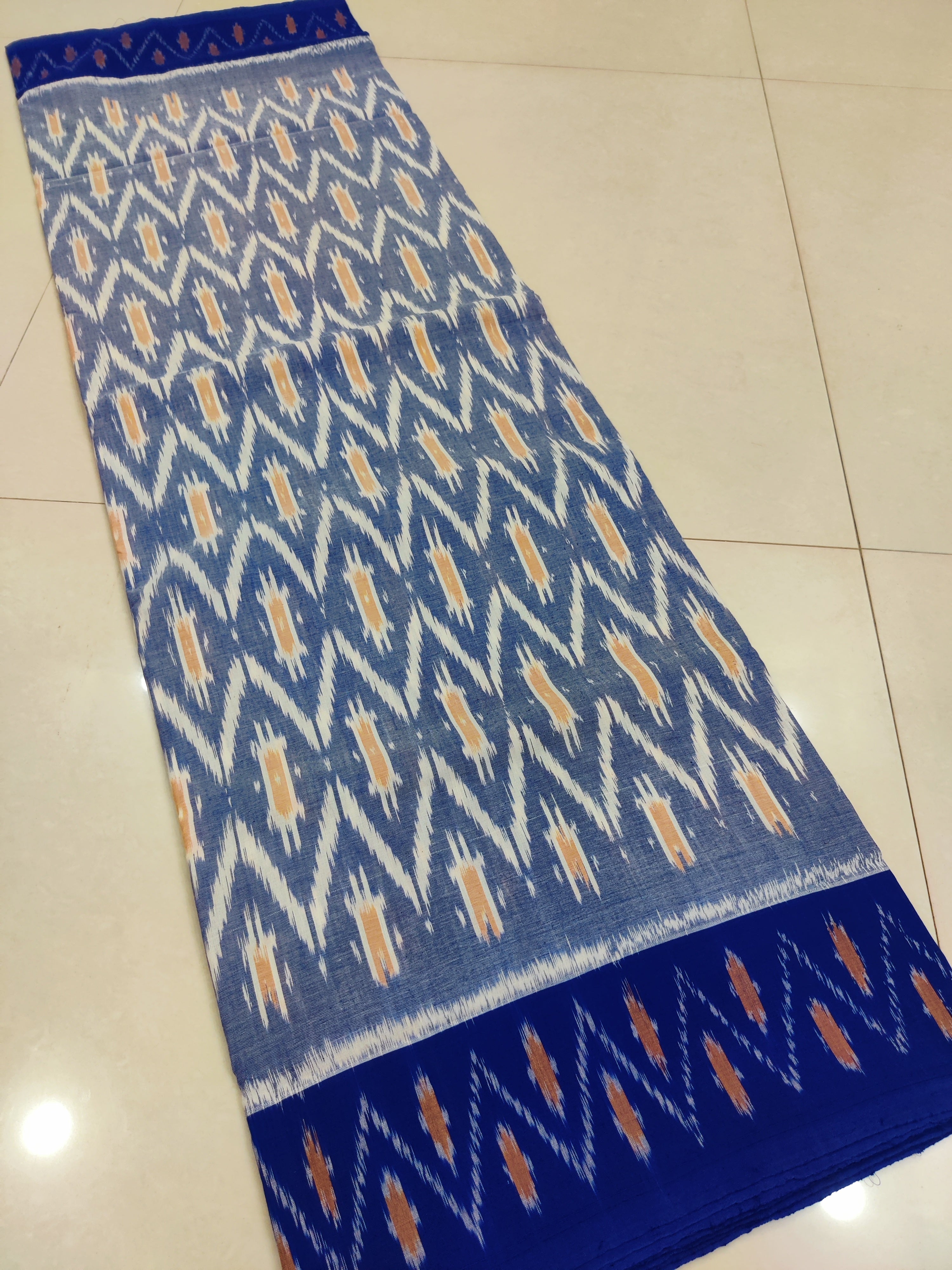 BLUE- MERCERISED PURE COTTON HANDLOOM POCHAMPALLY IKAT SAREE 114