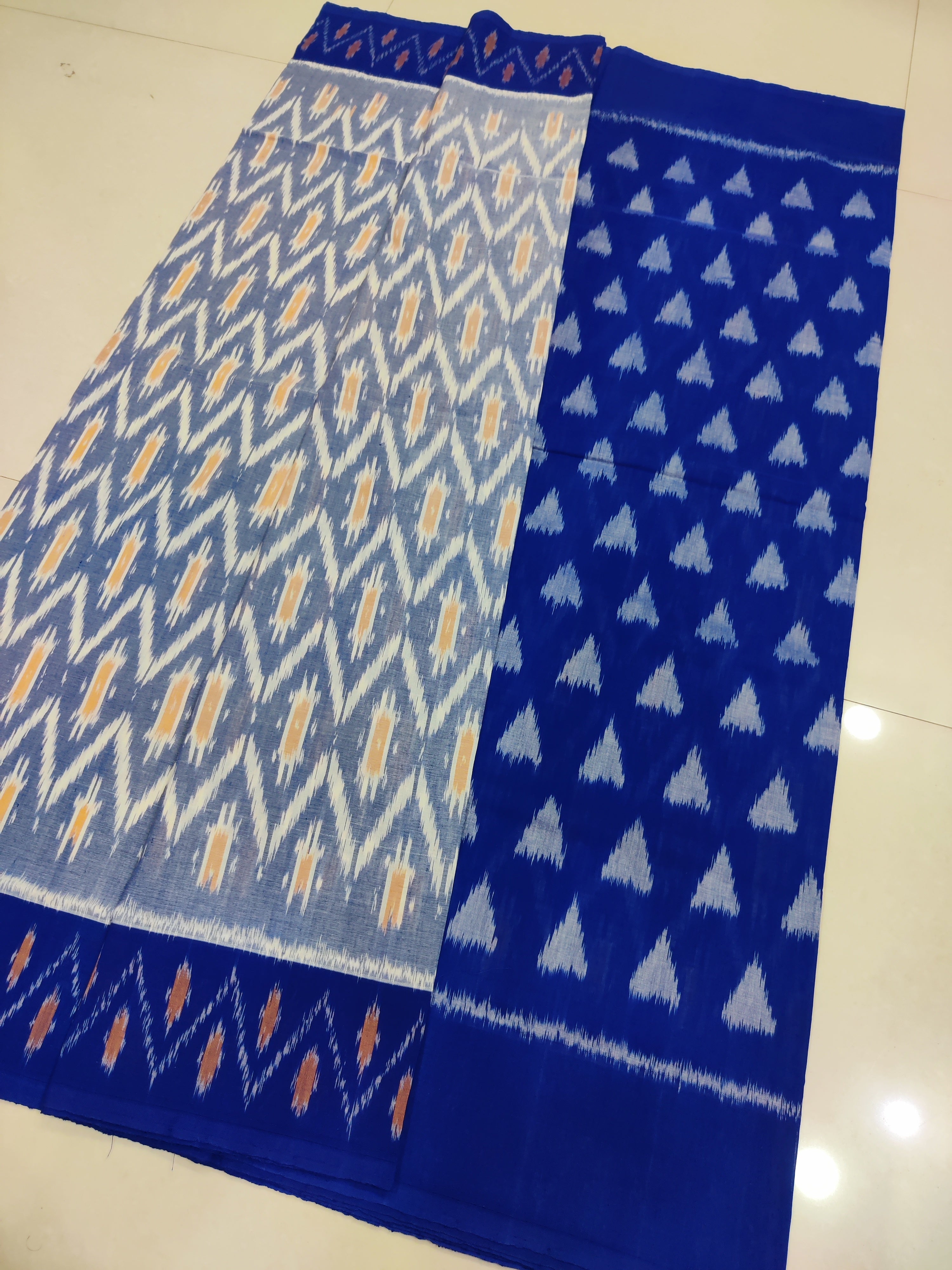 BLUE- MERCERISED PURE COTTON HANDLOOM POCHAMPALLY IKAT SAREE 114