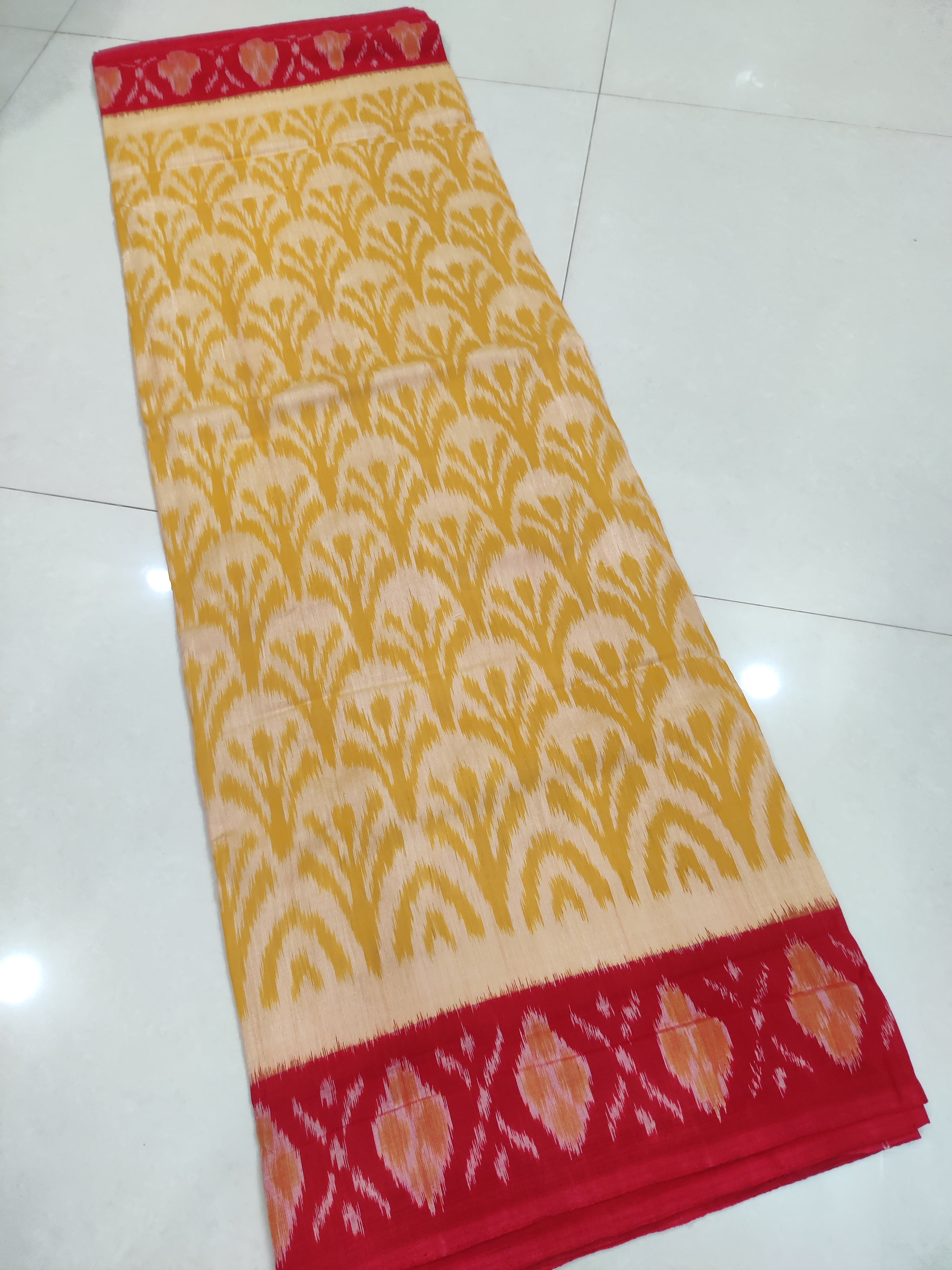 YELLOW- MERCERISED PURE COTTON HANDLOOM POCHAMPALLY IKAT SAREE 118