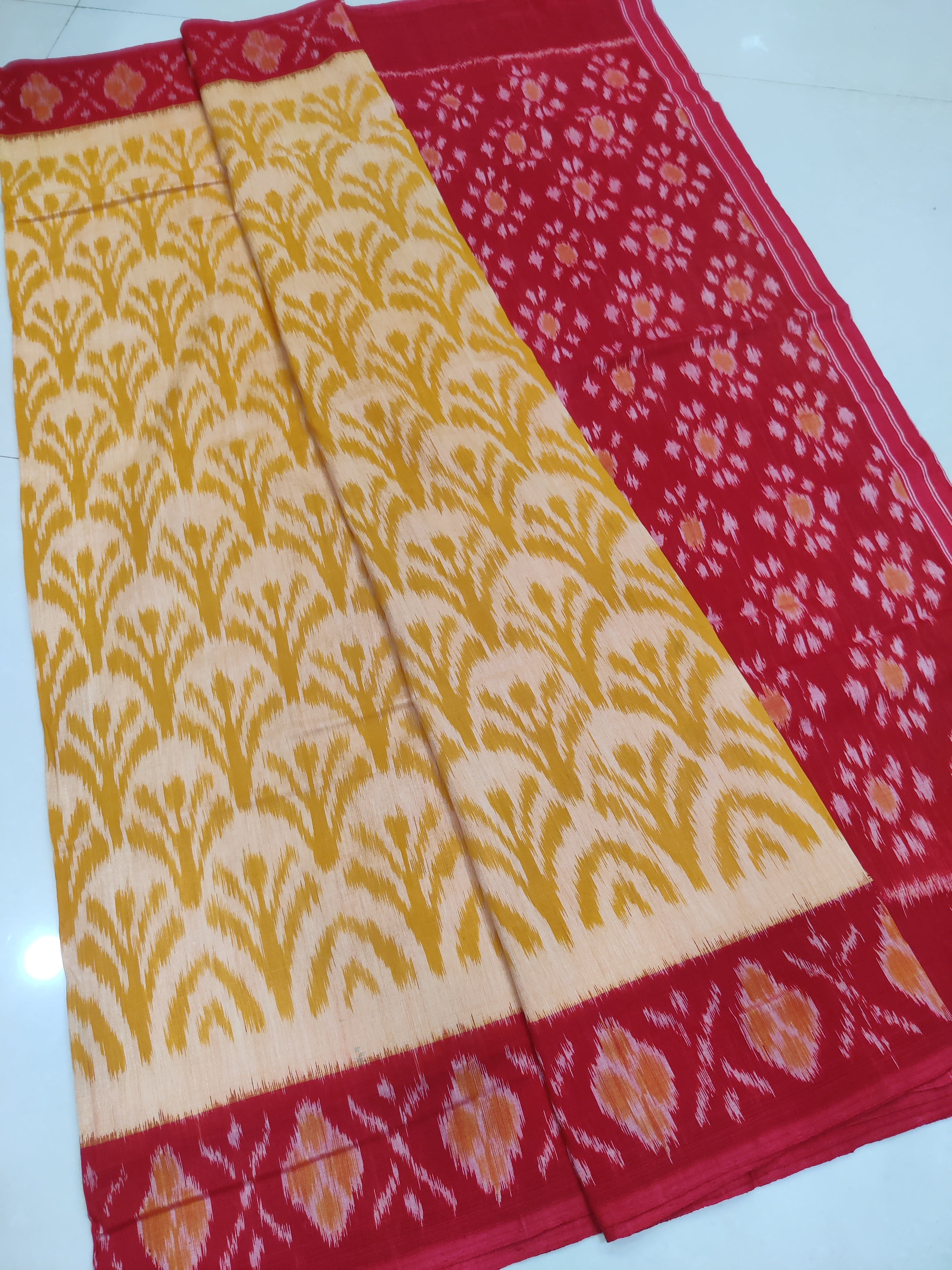 YELLOW- MERCERISED PURE COTTON HANDLOOM POCHAMPALLY IKAT SAREE 118