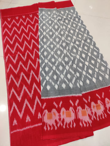 Red - MERCERISED PURE COTTON HANDLOOM POCHAMPALLY IKAT SAREE 34