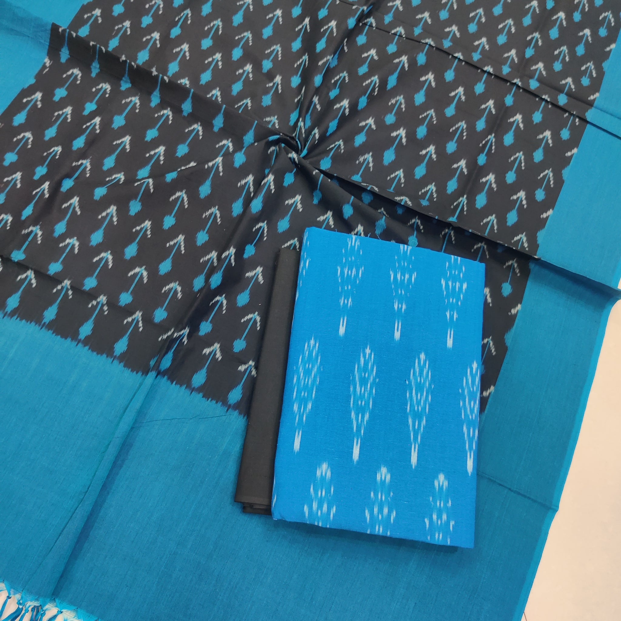 BLUE - 3PC HANDLOOM POCHAMPALLY DOUBLE  IKAT DUPATTA COTTON DRESS MATERIAL 14