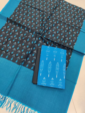 BLUE - 3PC HANDLOOM POCHAMPALLY DOUBLE  IKAT DUPATTA COTTON DRESS MATERIAL 14