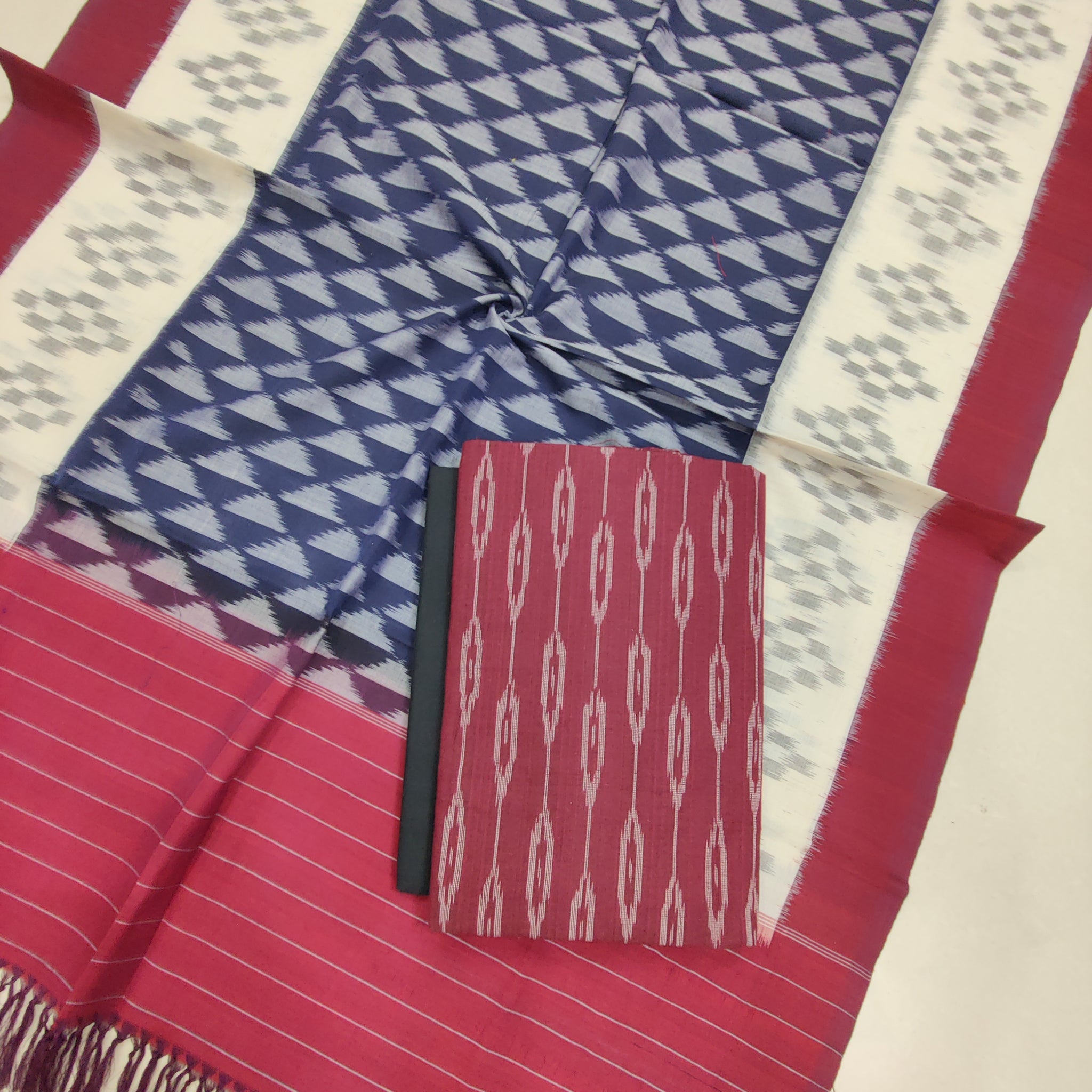 Maroon - 3PC HANDLOOM POCHAMPALLY DOUBLE  IKAT DUPATTA COTTON DRESS MATERIAL 05