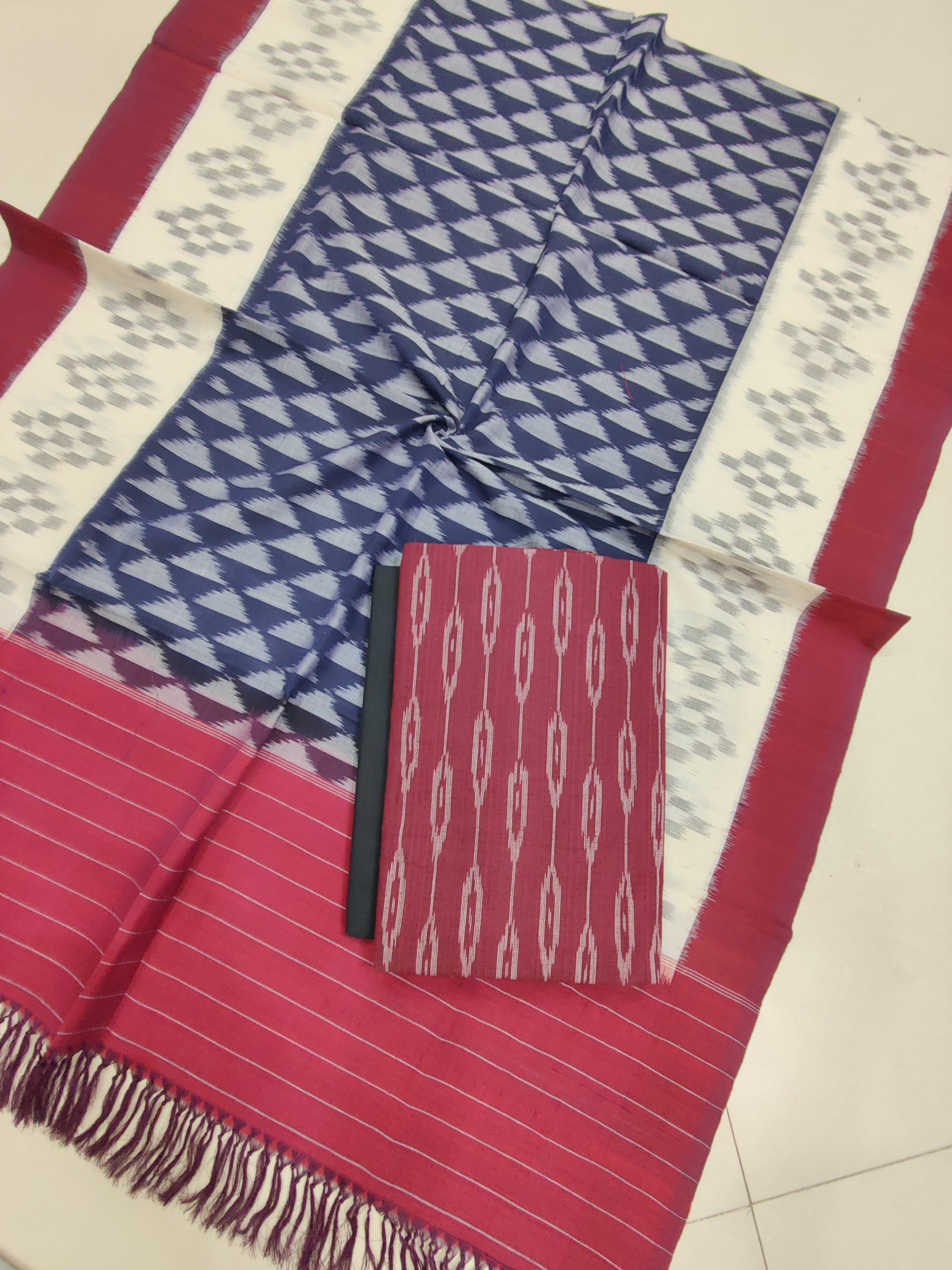Maroon - 3PC HANDLOOM POCHAMPALLY DOUBLE  IKAT DUPATTA COTTON DRESS MATERIAL 05